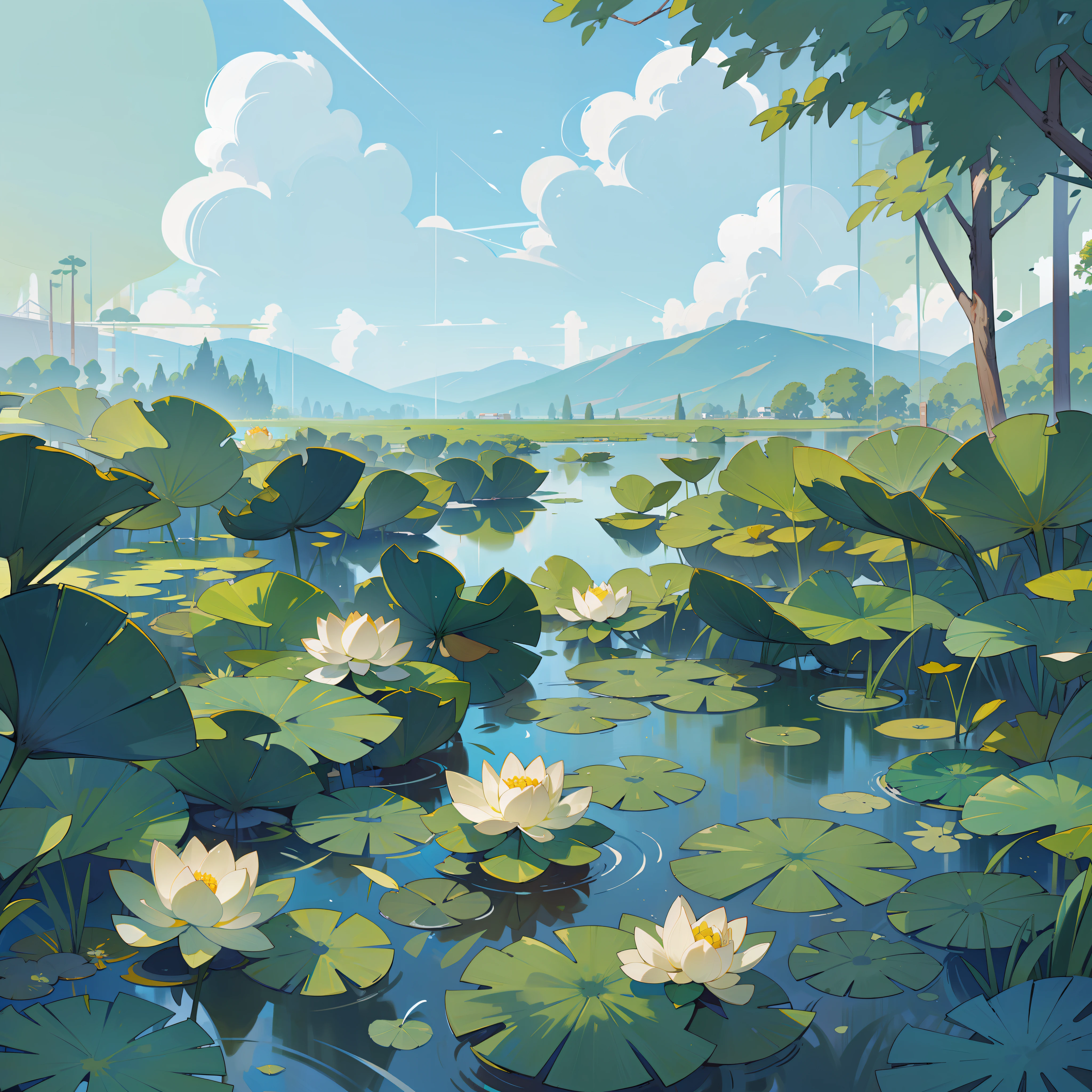 (Masterpiece, best quality), lake full of lotus flowers, lotus leaves, fine plant carvings, plants, grass, countryside, clouds, sun, clean blue sky, summer