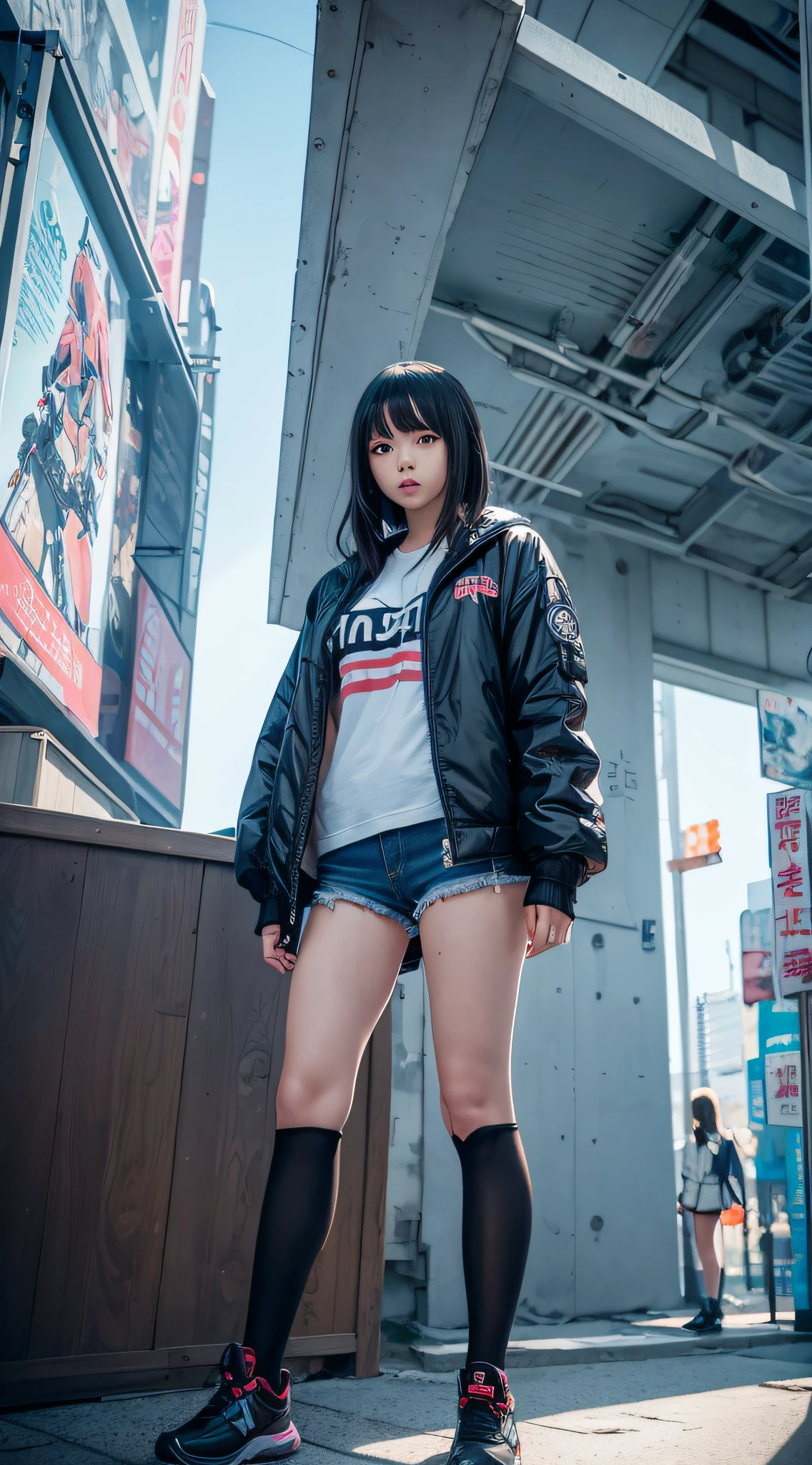 anime girl in short shorts and jacket standing next to giant robot, artwork in the style of guweiz, cyberpunk anime girl mech, trending on cgstation, guweiz, by Russell Dongjun Lu, digital cyberpunk anime art, ross tran 8 k, guweiz on artstation pixiv, girl in mecha cyber armor