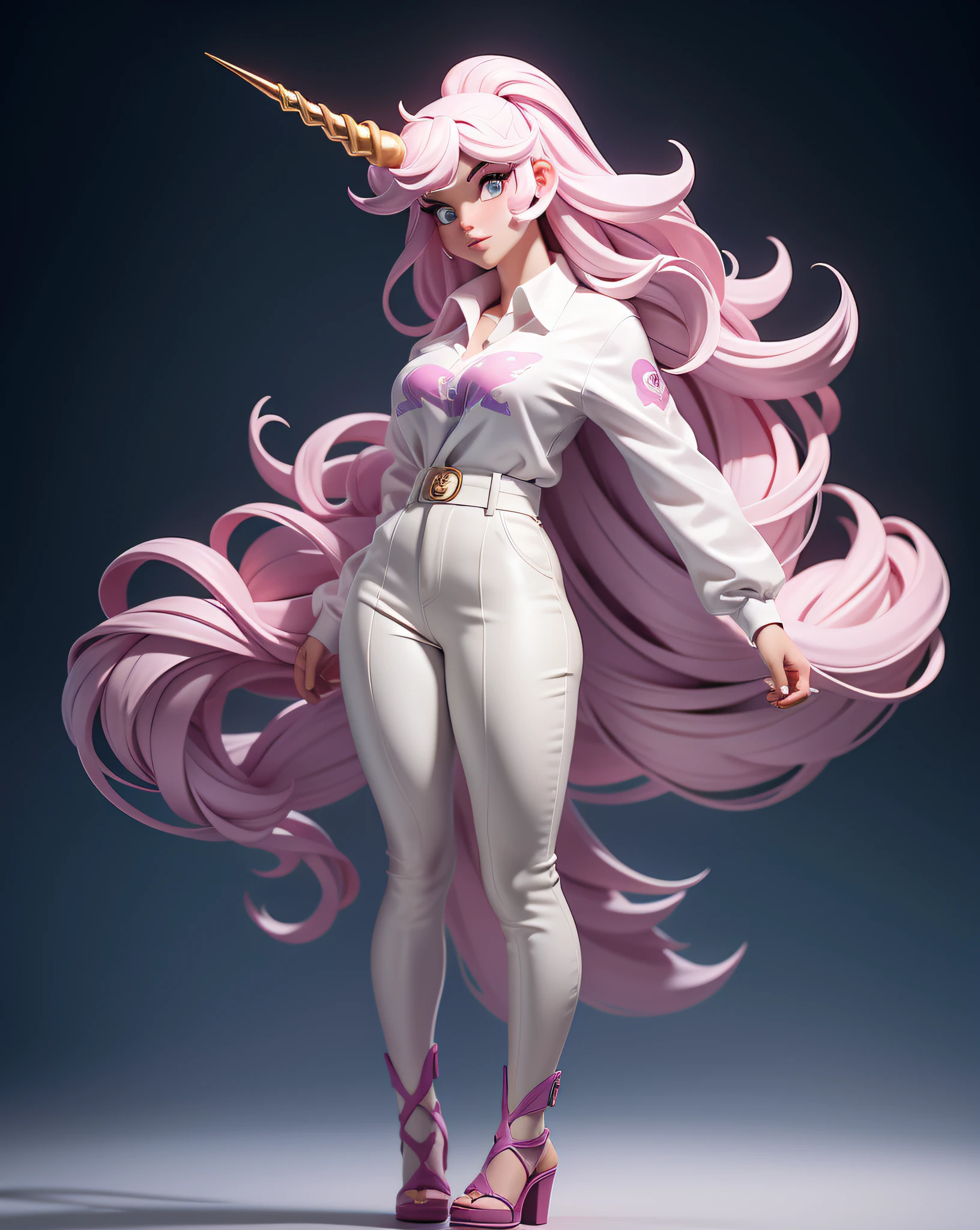 unicorn girl, solo, masterpiece, 3dmm style, look at viewer, full body, muscle, wearing a Gucci branded shirt, holding a fire on hand, no cut out