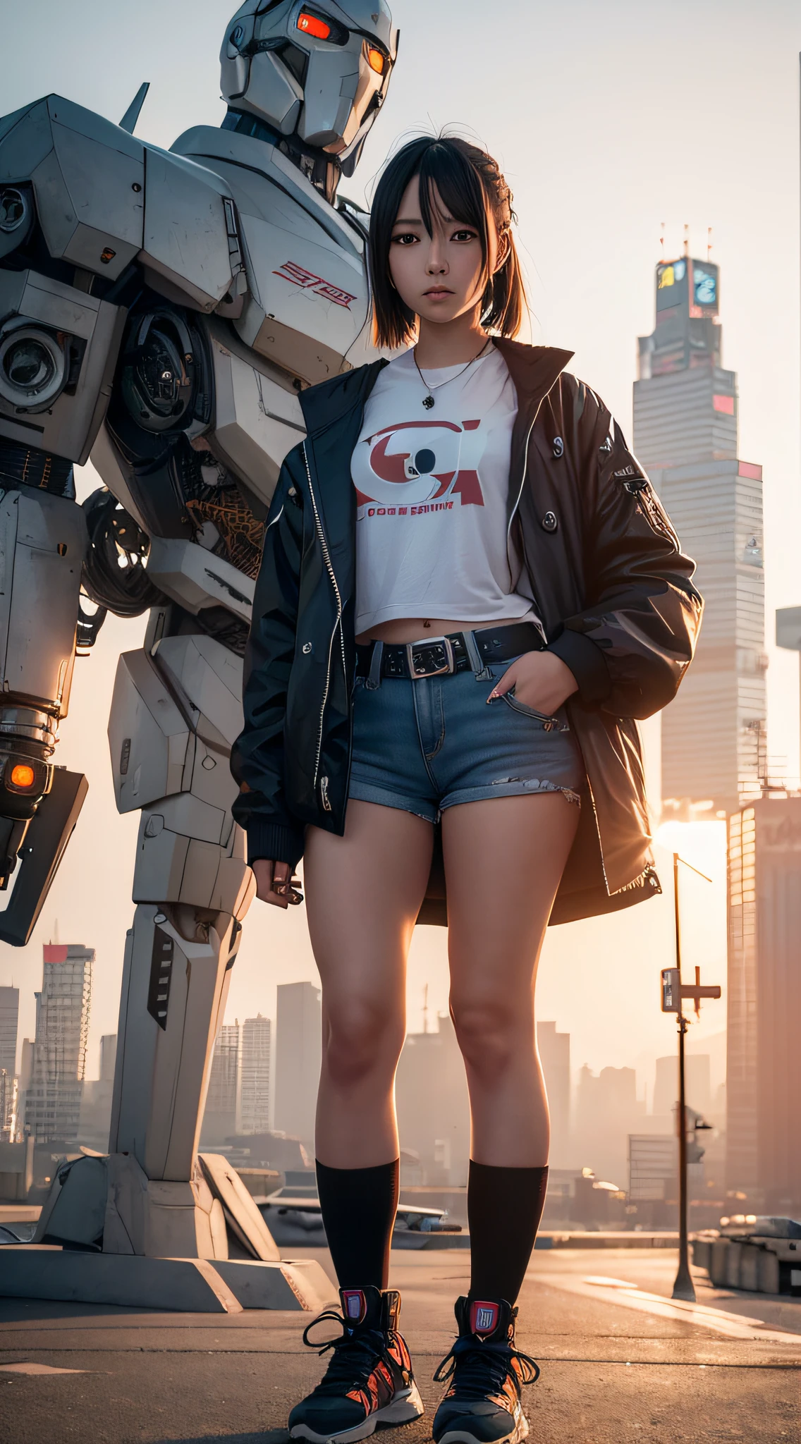 anime girl in short shorts and jacket standing next to giant robot, artwork in the style of guweiz, cyberpunk anime girl mech, trending on cgstation, guweiz, by Russell Dongjun Lu, digital cyberpunk anime art, ross tran 8 k, guweiz on artstation pixiv, girl in mecha cyber armor
