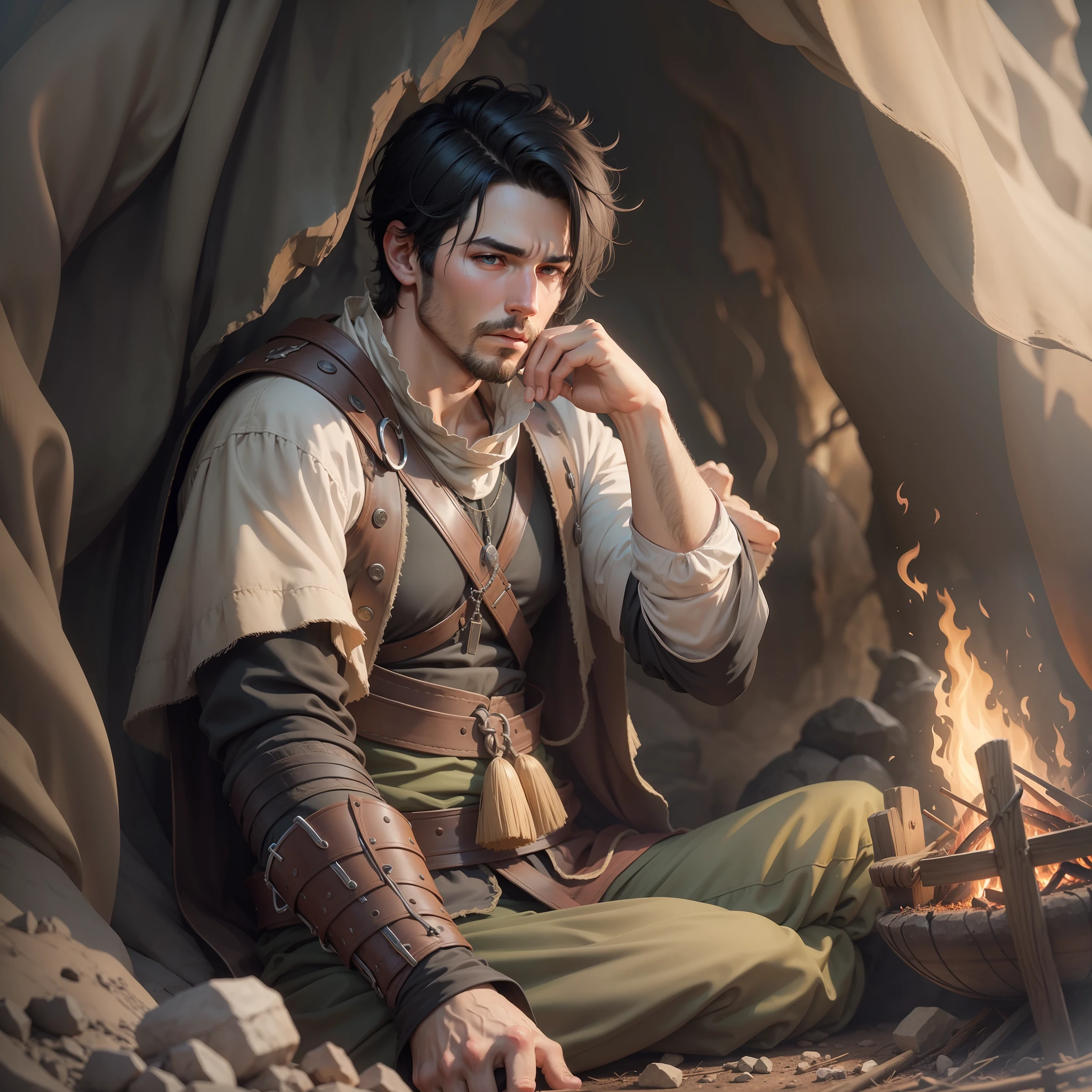 Ultra realistic image of a man with short black hair, drooling thick, sitting in a dark cave, by the light of a campfire, medieval clothes