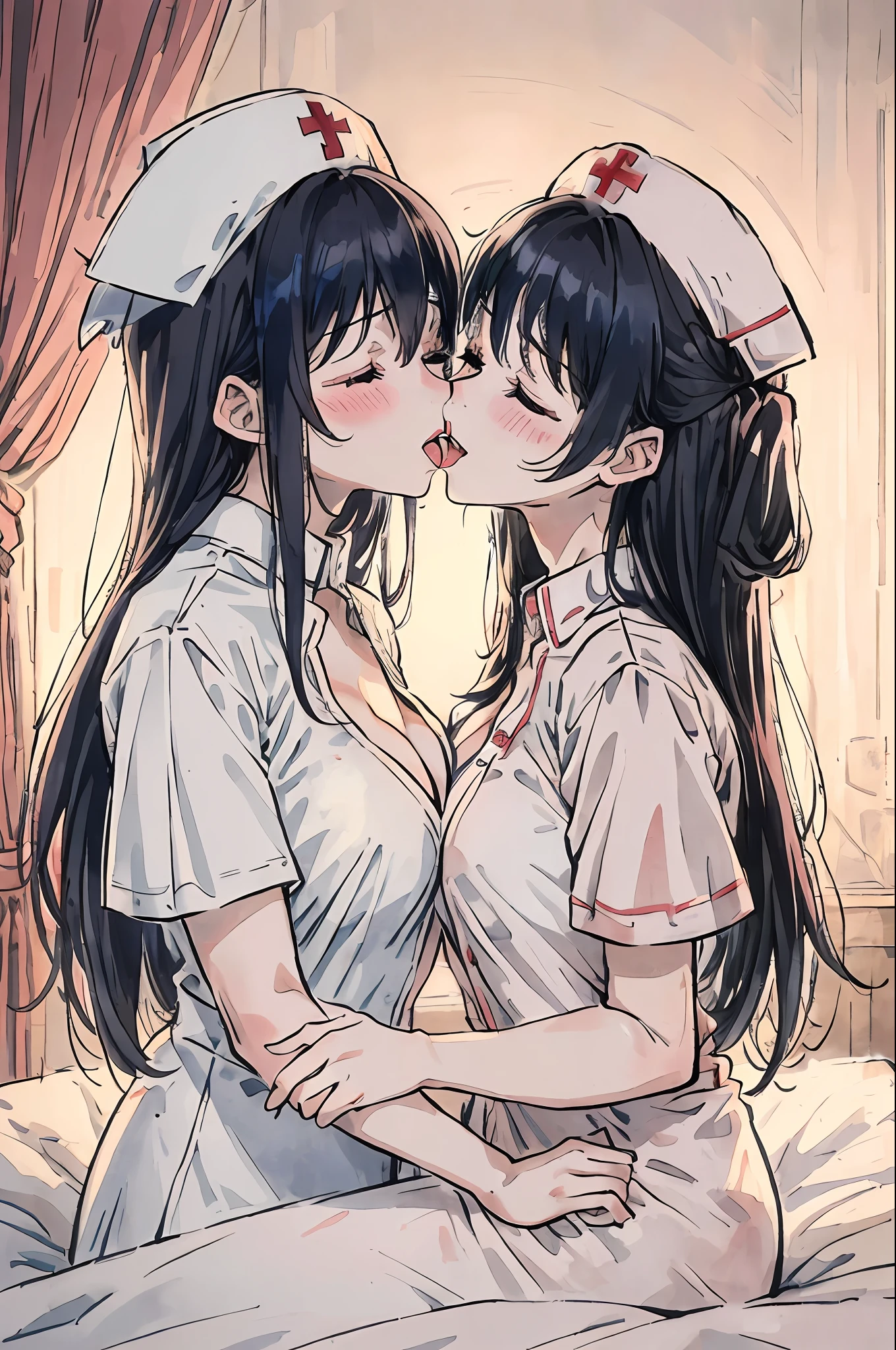 two girls kiss on a bed in front of a nurse uniform and one in a  white uniform, multiple girls, 2girls, yuri, closed eyes, hat, breasts, tongue, nurse cap, long hair, kiss, black hair, blush, nurse, blue hair, cleavage, tongue out