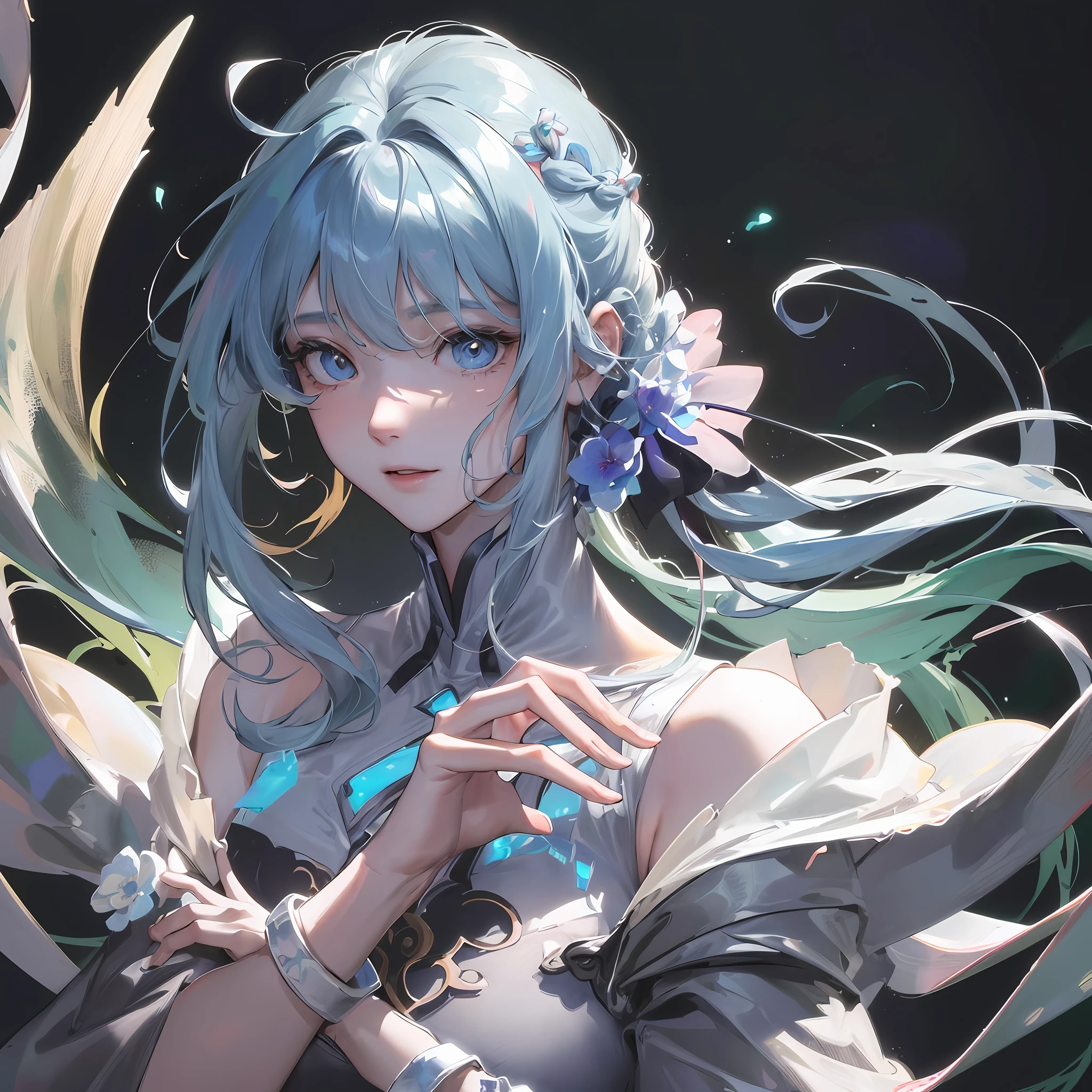 (Best Masterpiece),(Best Quality),(1female)), ((Face Focused), ((Close-up)), Icons, Profile Picture, Anime Icons, Transparency, Hands of Detail, Just Dark Shadows Without Ashes, Looking at Viewers, Looking at Camera, (isekai Design)))), (White and Blue Hair))(Braid Ponytail)))(( smile))
Non-existent "self", nowhere to be found
I'm different, right?

Ambiguous love, colorless eyes
It's just an imitation of someone else's affairs
You have my appreciation, but who can you be?
The answer comes in many forms

[Pre-Chorus]
I remain with no one
I remain unable to do anything
Is it pointless to live like this?
Is that wrong?

[Chorus]
What is missing, what is missing, what is missing here
Myself, myself
No one, no one, no one watching
Wipe it all away and say goodbye
You might also like
Leona - not (Nai Nai) (romanized)
Genius Romaji
Go
Rosé
Unforgiven
Le Seraphim
[Post Chorus]
I can't feel happy, I can't be sad, my mood is transparent
I lack even a face to match my missing self
Not (not there) not (not there)
You can't laugh, can you?

[verse 2]
"I" not made of ashes is a closed shell
If you answer yes, expectations are high
Reluctantly the die was thrown out
I don't know what number it rolled

[Chorus]
Here
People who want to stay, stay, stay
I myself, I am myself
It is bitter, bitter, bitter
Goodbye taste

[Post Chorus]
Like a lost child, there is nowhere to return
Undoubtedly, I still don't understand
Not (not there) not (not there)
But I don't care anymore

[Bridge]
If you have lost both shadows and shapes, you'd better
And little by little from the ashes, start afresh
[Chorus]
What is missing, what is missing, what is missing here
Myself, myself
No one, no one, no one watching
Wipe it all away and say goodbye

[Post Chorus]
I can't feel happy, I can't be sad, my mood is transparent
Lacking even a face that matches oneself
Not (not there) not (not there)
In this 'n, (mysterious black fog), absurdity, realistic lighting, (abyss) masterpiece, high quality, beautiful grap