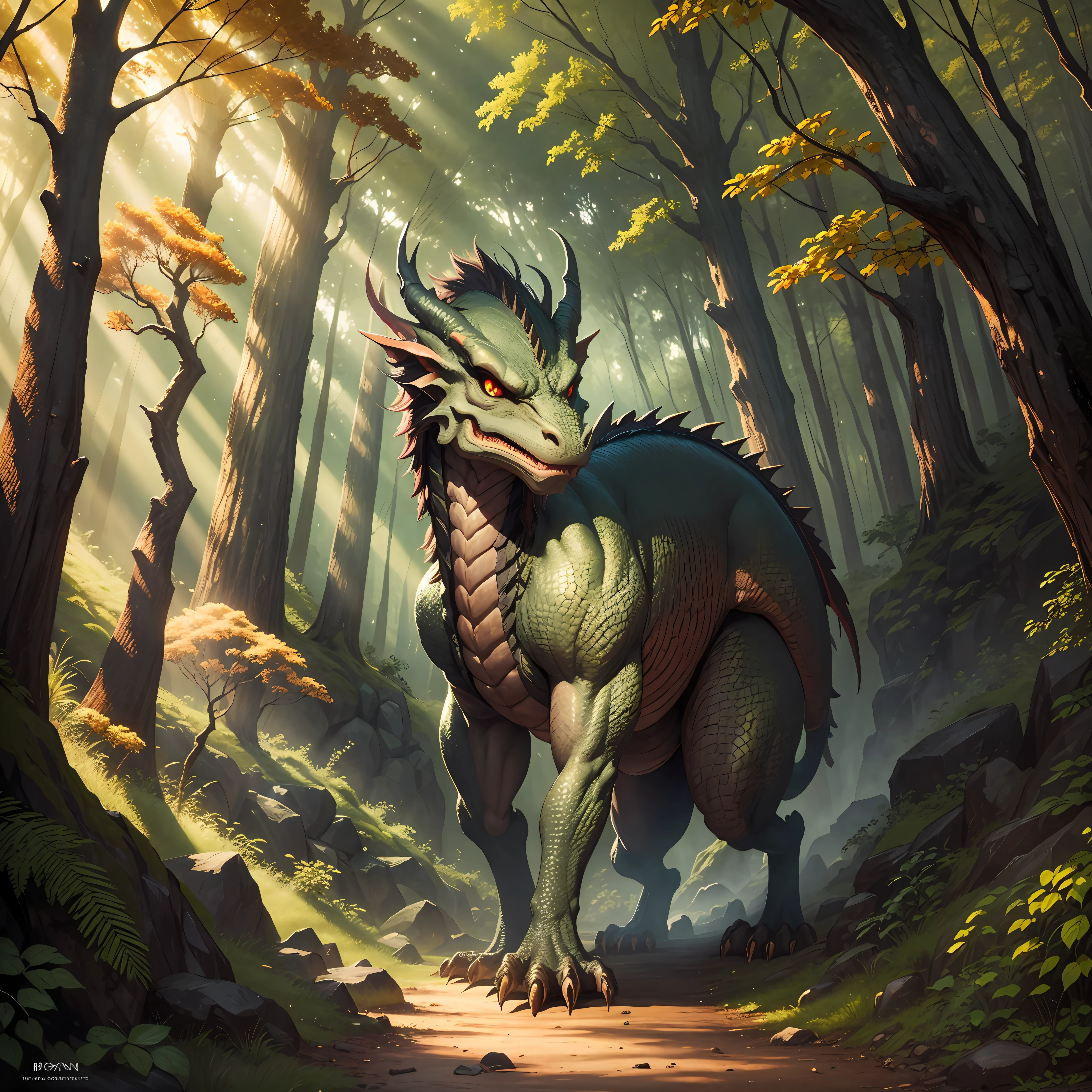 Dragon emerging from cave. Cave, forest, woods, twilight, golden hour, --auto --s2