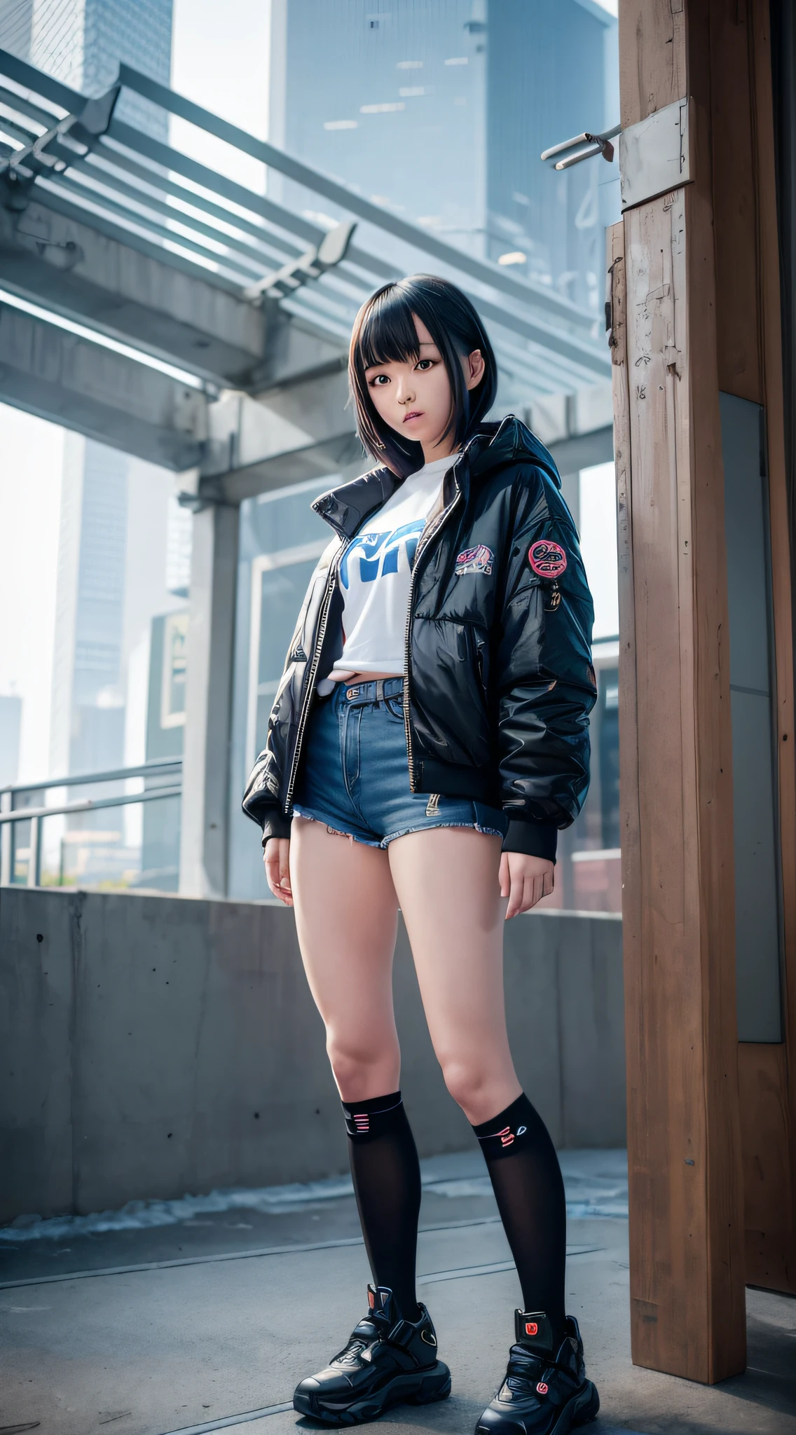 anime girl in short shorts and jacket standing next to giant robot, artwork in the style of guweiz, cyberpunk anime girl mech, trending on cgstation, guweiz, by Russell Dongjun Lu, digital cyberpunk anime art, ross tran 8 k, guweiz on artstation pixiv, girl in mecha cyber armor
