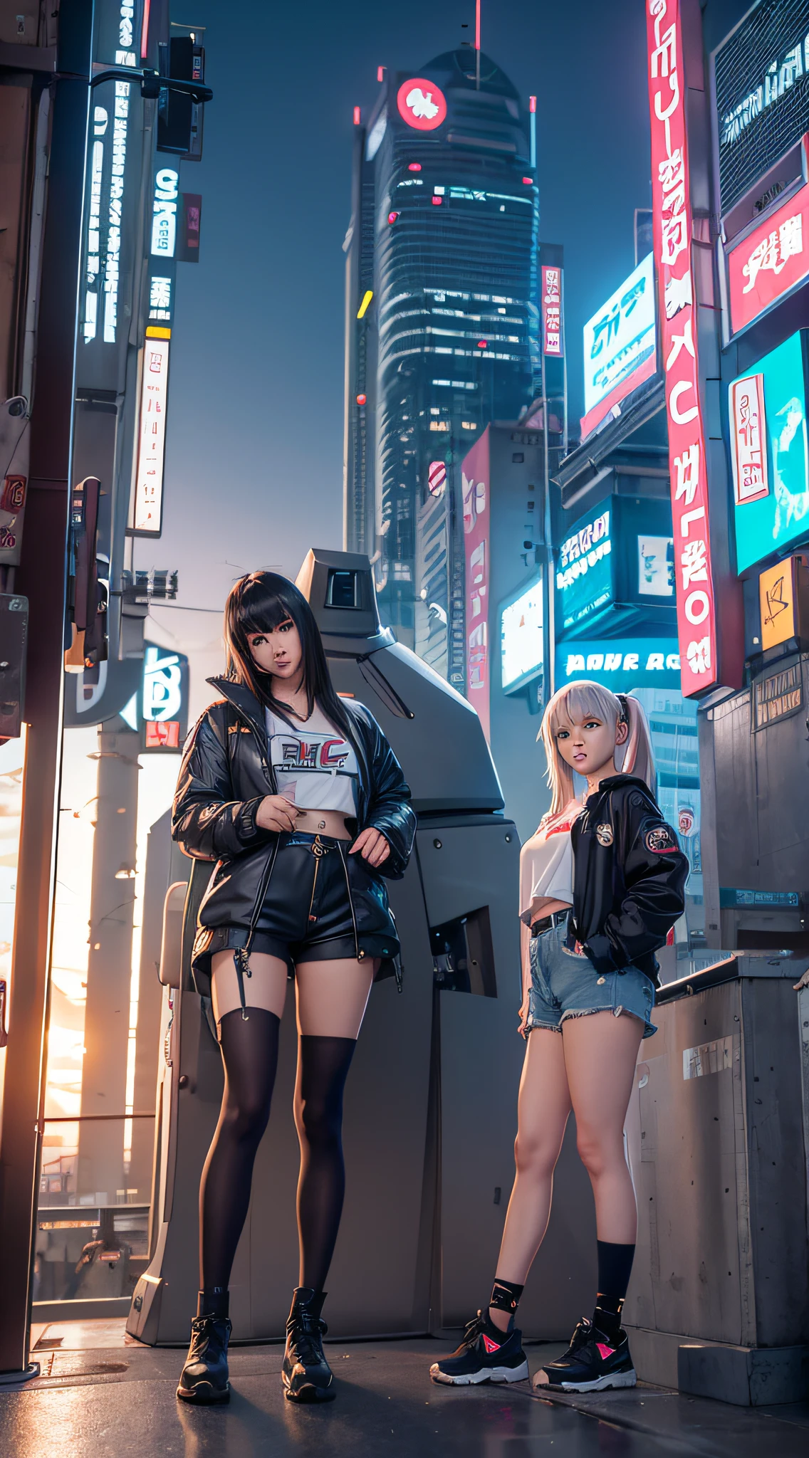 anime girl in short shorts and jacket standing next to giant robot, artwork in the style of guweiz, cyberpunk anime girl mech, trending on cgstation, guweiz, by Russell Dongjun Lu, digital cyberpunk anime art, ross tran 8 k, guweiz on artstation pixiv, girl in mecha cyber armor