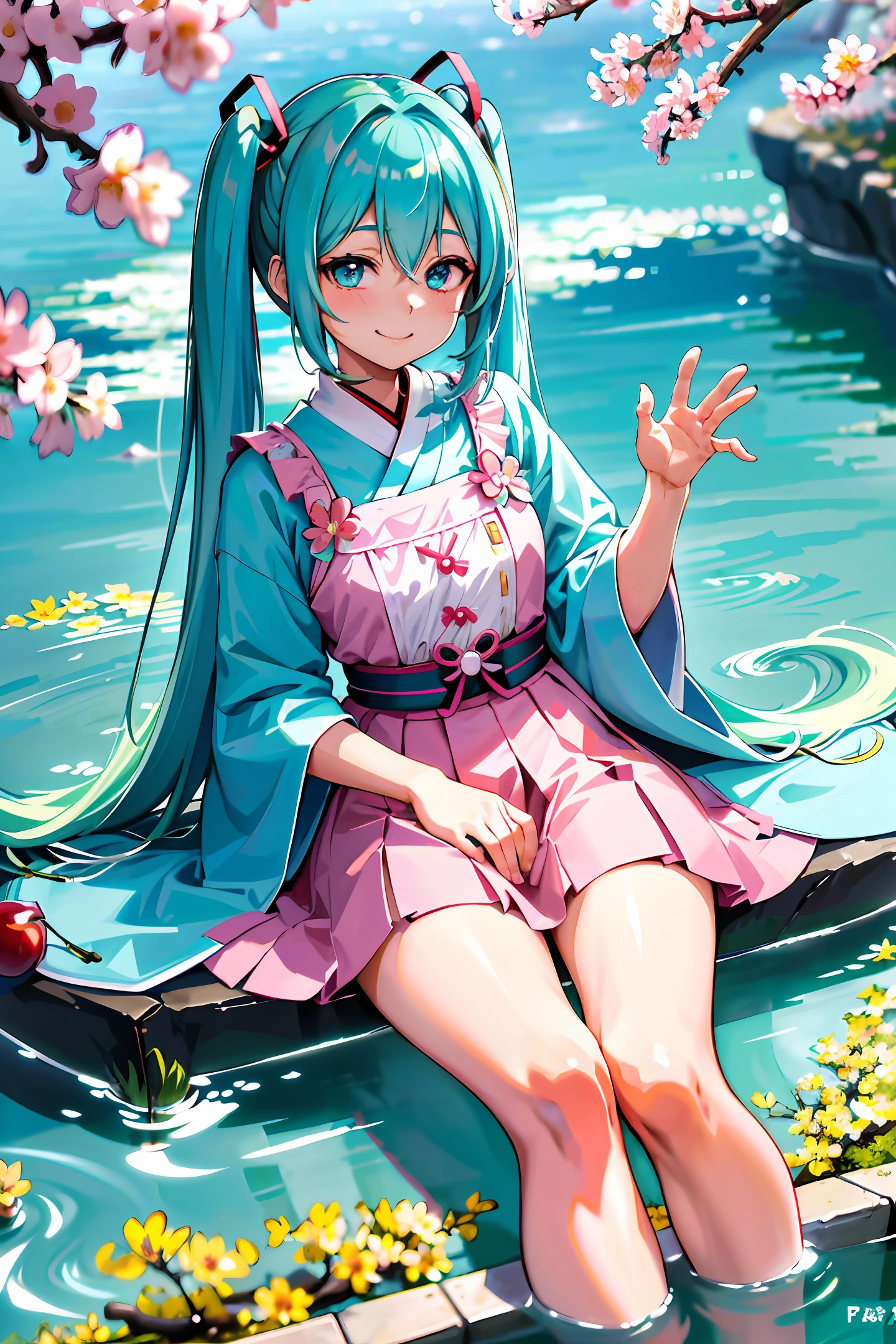 hatune miku, aqua hair, twin tails,((ultra-detailed)), ((illustration)), ((disheveled hair)), (beautiful detailed eyes), beautiful, amazing, detailed eyes, smile,waving,((in spring, cherry blosssom)), isometric