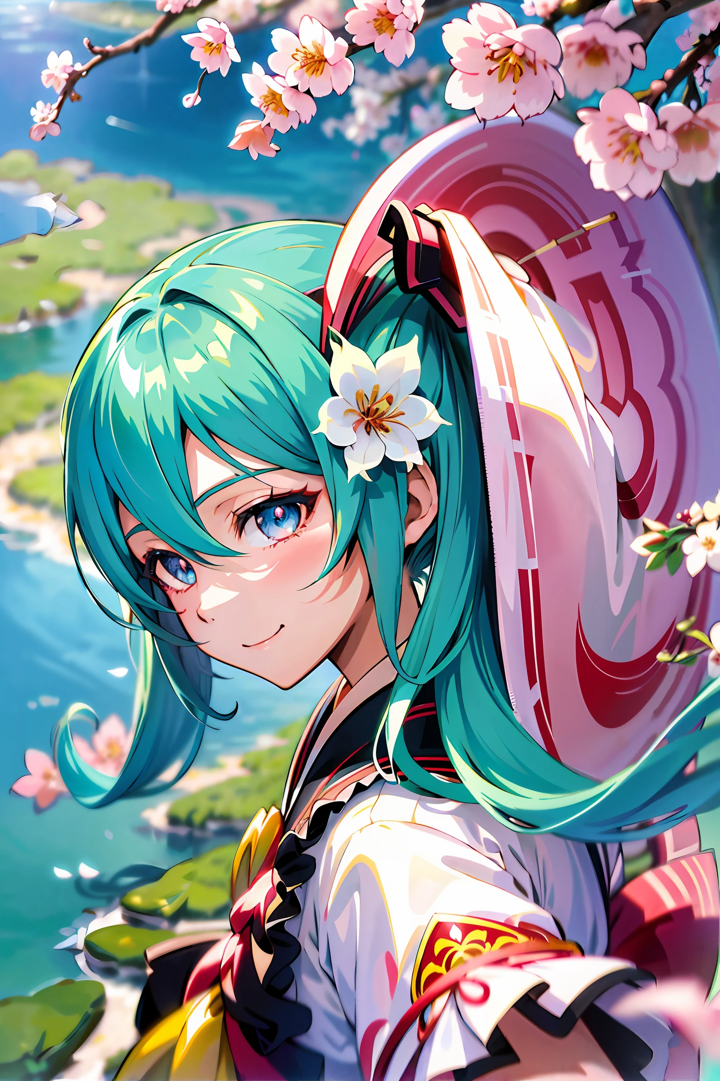 hatune miku, aqua hair, twin tails,((ultra-detailed)), ((illustration)), ((disheveled hair)), (beautiful detailed eyes), beautiful, amazing, detailed eyes, smile,waving,((in spring, cherry blosssom)), isometric