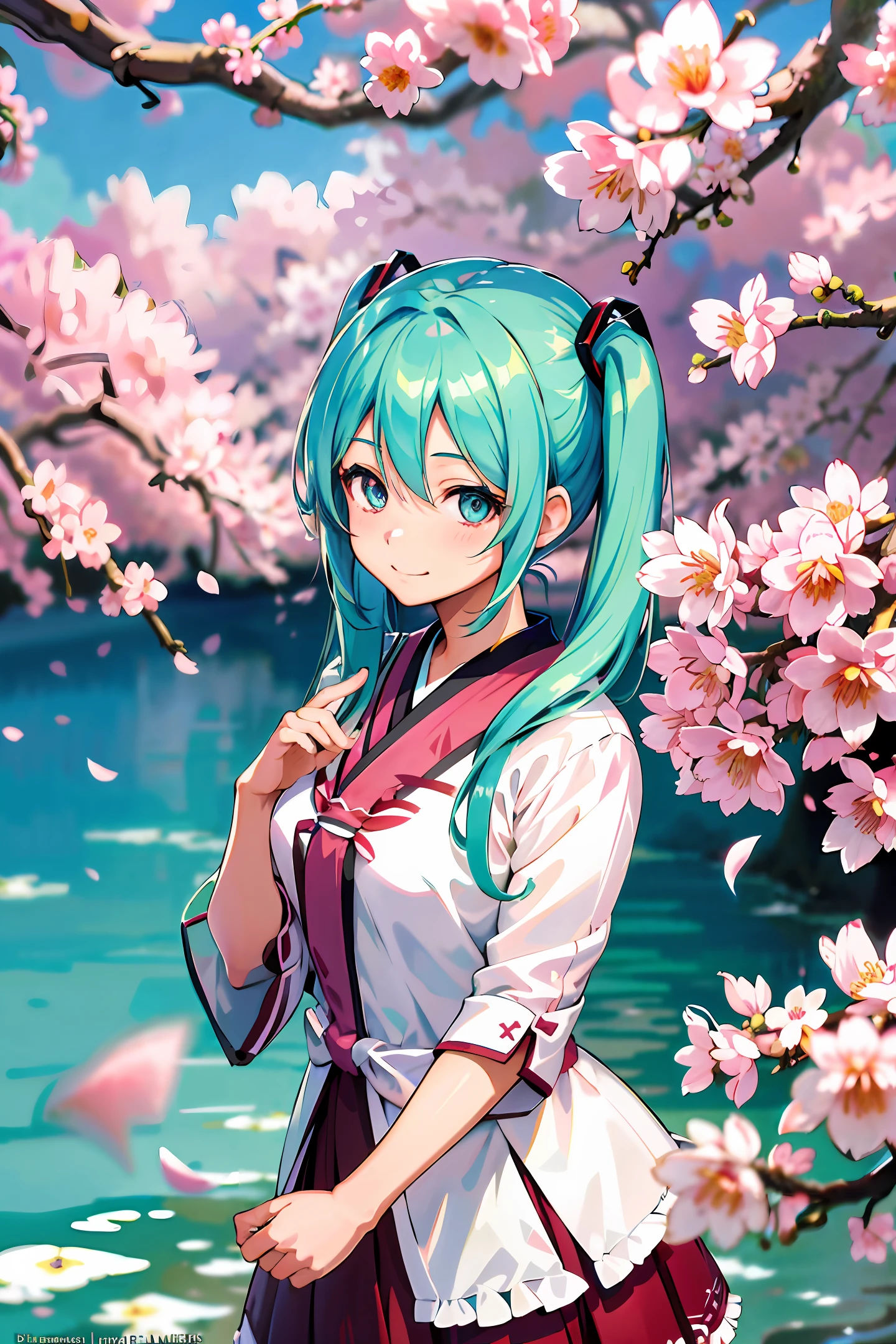 hatune miku, aqua hair, twin tails,((ultra-detailed)), ((illustration)), ((disheveled hair)), (beautiful detailed eyes), beautiful, amazing, detailed eyes, smile,waving,((in spring, cherry blosssom)), isometric