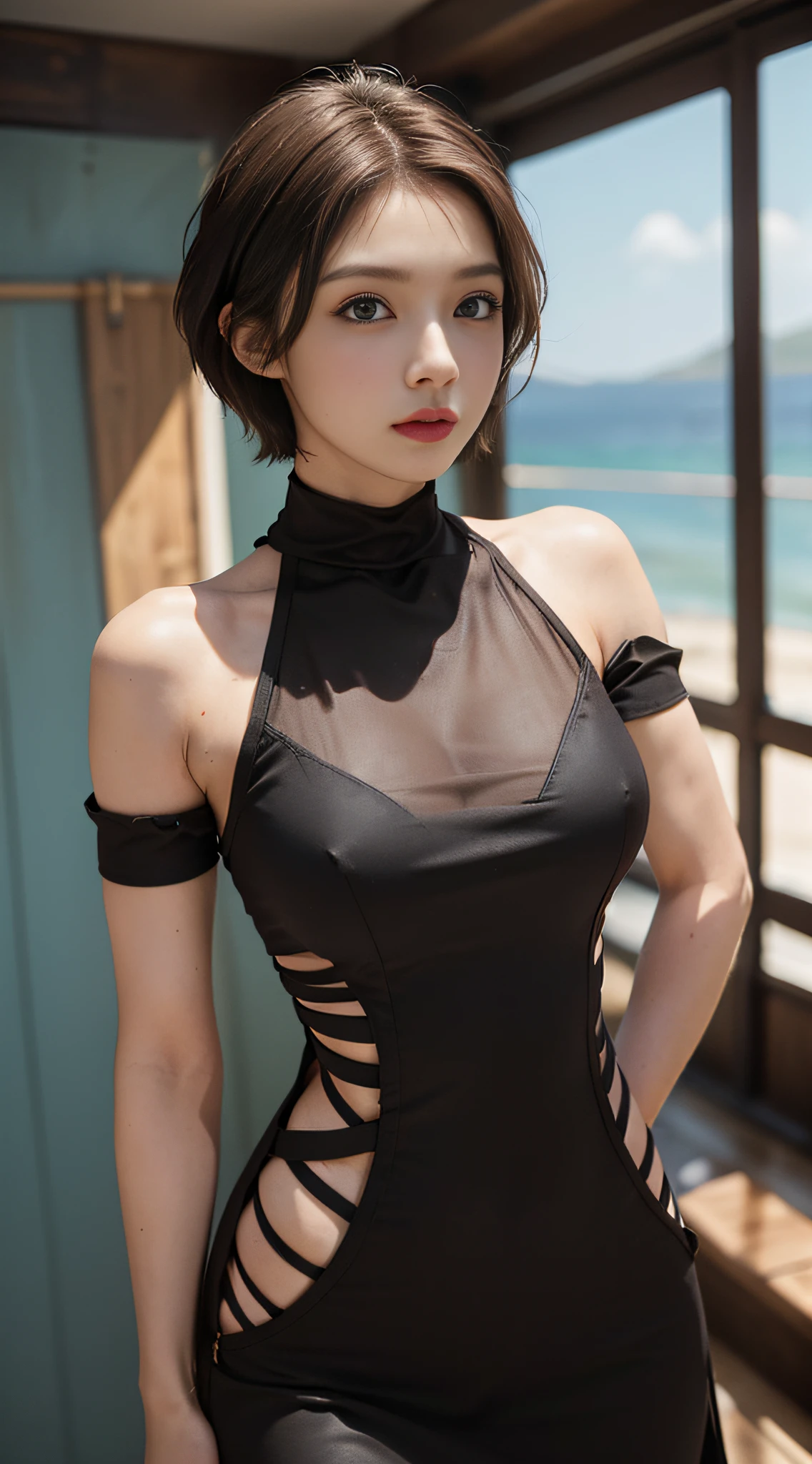 (in prison cell), woman with a whip, (((Top Quality, 8k, Masterpiece: 1.3)), Crisp Focus: 1.2, Beautiful Woman with Perfect Figure: 1.4, Slender Abs: 1.2, ((Layer Cut, Big: 1.2)), (Sunny, Sea: 1.2), Wet Body: 1.5, Highly Detailed Face and Skin Texture, Detailed Eyes, (((Brown Very Short Hair)), Studio,BDSM, slave, high neck, black long dress, see-through, (dynamic pose)