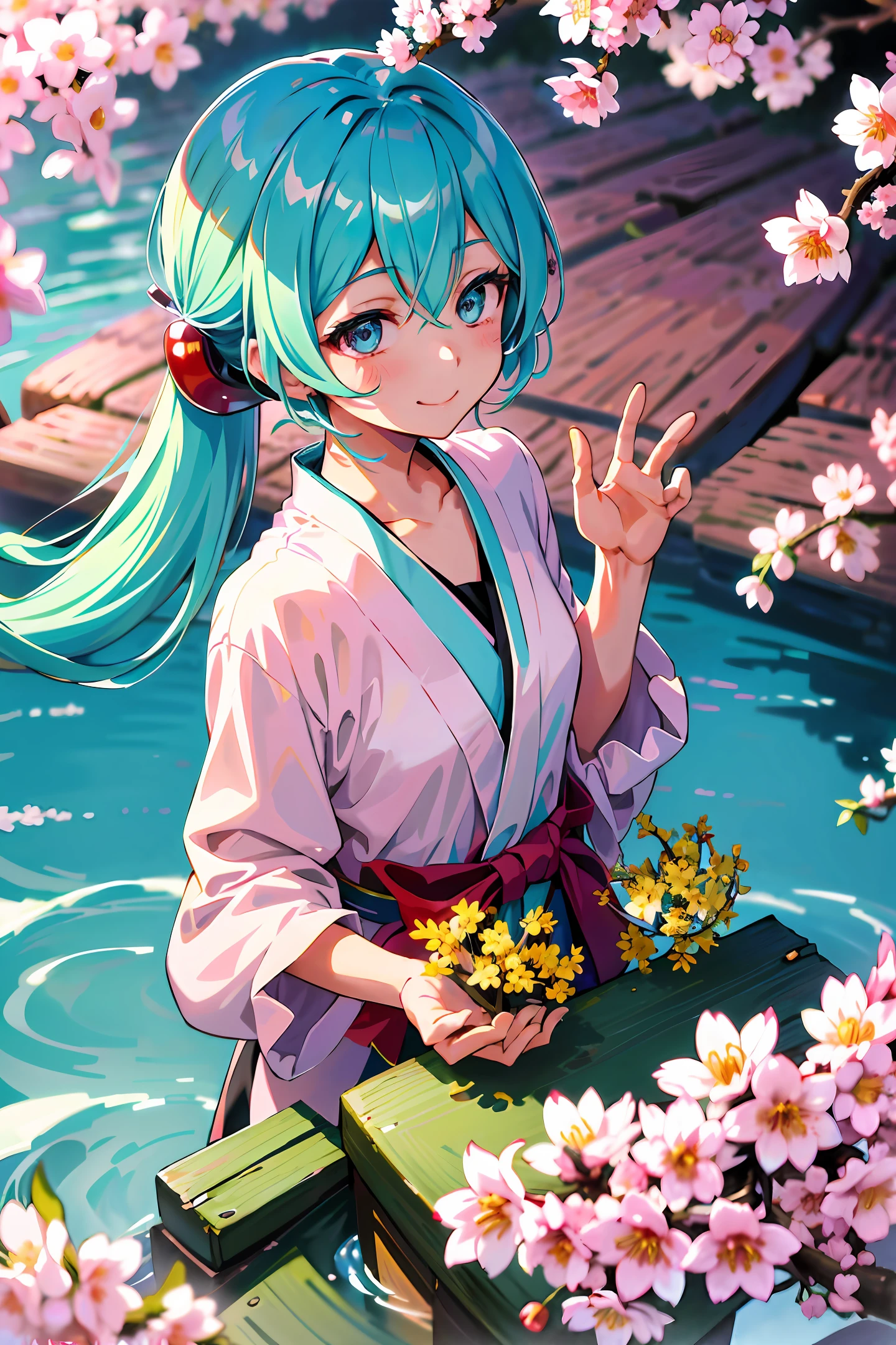hatune miku, aqua hair, twin tails,((ultra-detailed)), ((illustration)), ((disheveled hair)), (beautiful detailed eyes), beautiful, amazing, detailed eyes, smile,waving,((in spring, cherry blosssom)), isometric
