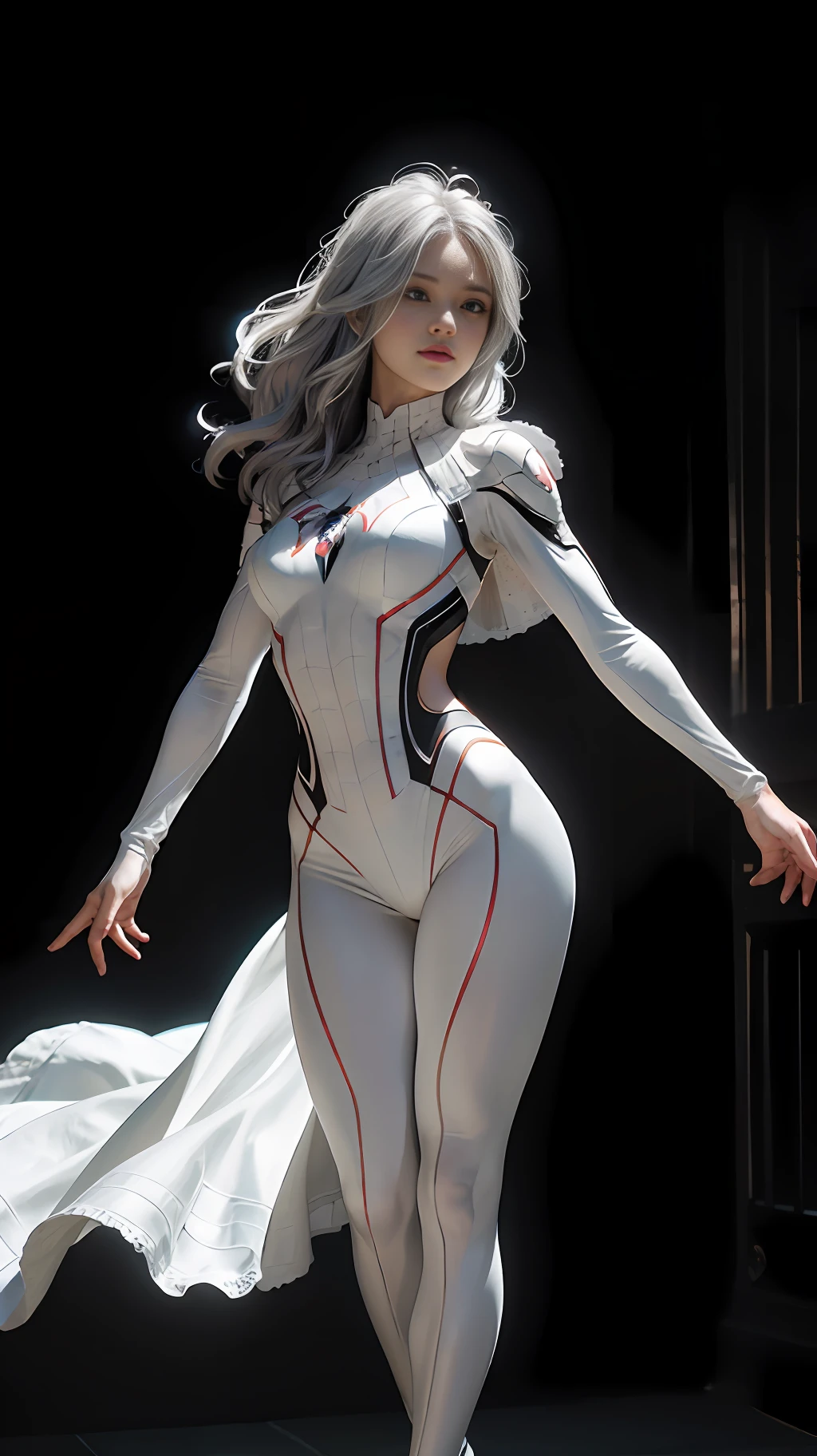 (Extreme Detail CG Unity 8K wallpaper, masterpiece, highest quality), (exquisite lighting and shadow, highly dramatic picture, cinematic lens effect), a girl in a white Spider-Man costume, silver gray hair color, from parallel universes, Marvel, Spider-Man, standing in an empty dance studio, dynamic pose), (excellent detail, outstanding lighting, wide angles), (excellent rendering, enough to stand out in its class), with a focus on the white Spider-Man costume