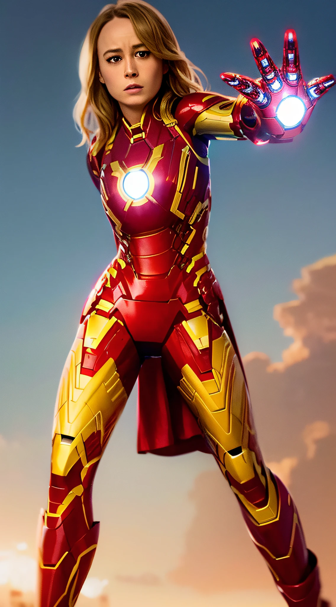 (Brie Larson:1.3), (Long Hair:1.2), full body portrait, (Iron Man Outfit:1.3), sexy pose, cleavage emphasized.