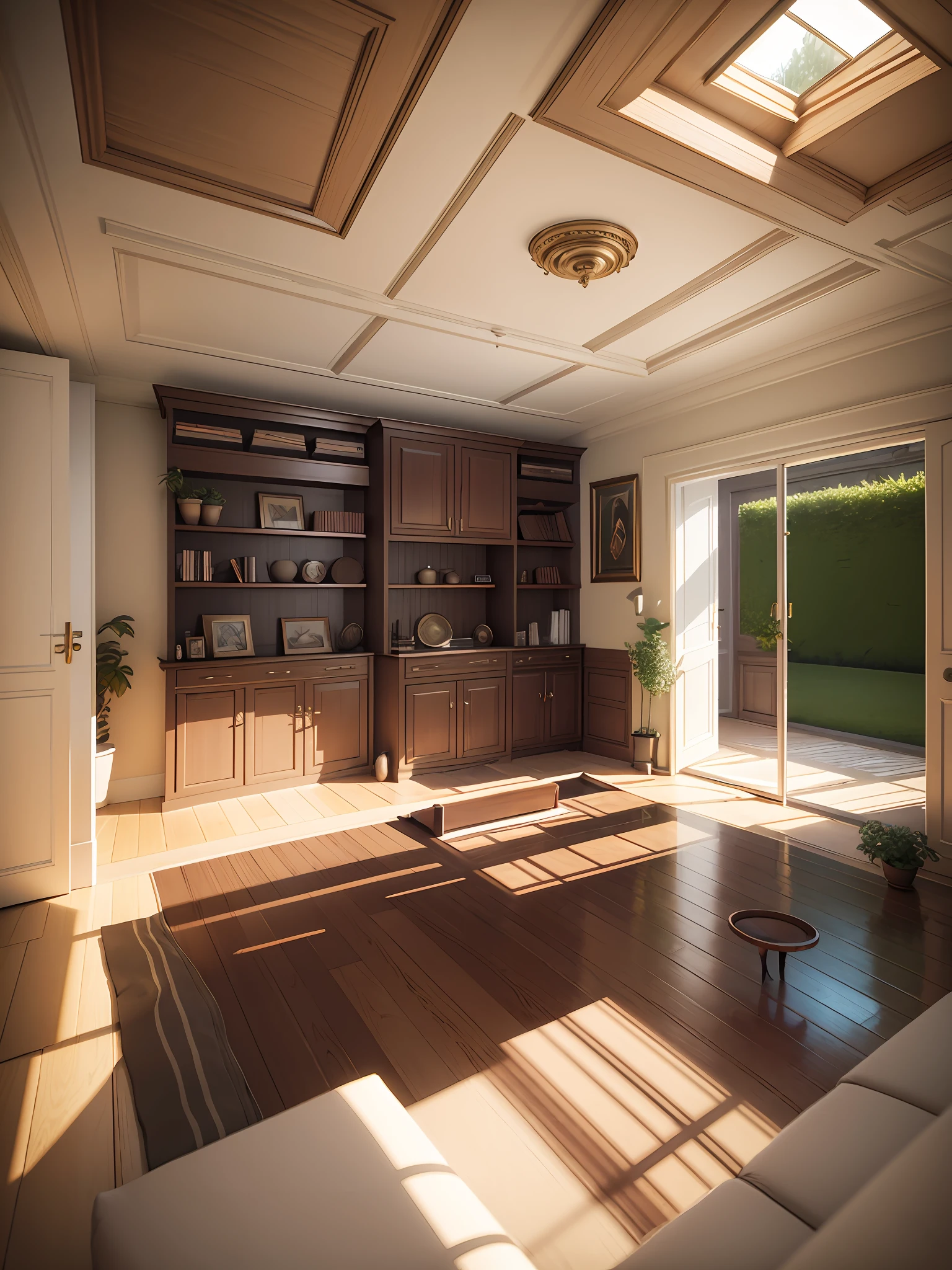 Masterpiece, best picture quality, realistic three-dimensional interior design, rich colors, 3D architectural view, physically based 3D rendering, realistic perspective effect, potted plants and plants, doors, windows and curtains, carpets and floors, bookshelves and ceilings, new lighting design, create a warm home atmosphere. --auto --s2