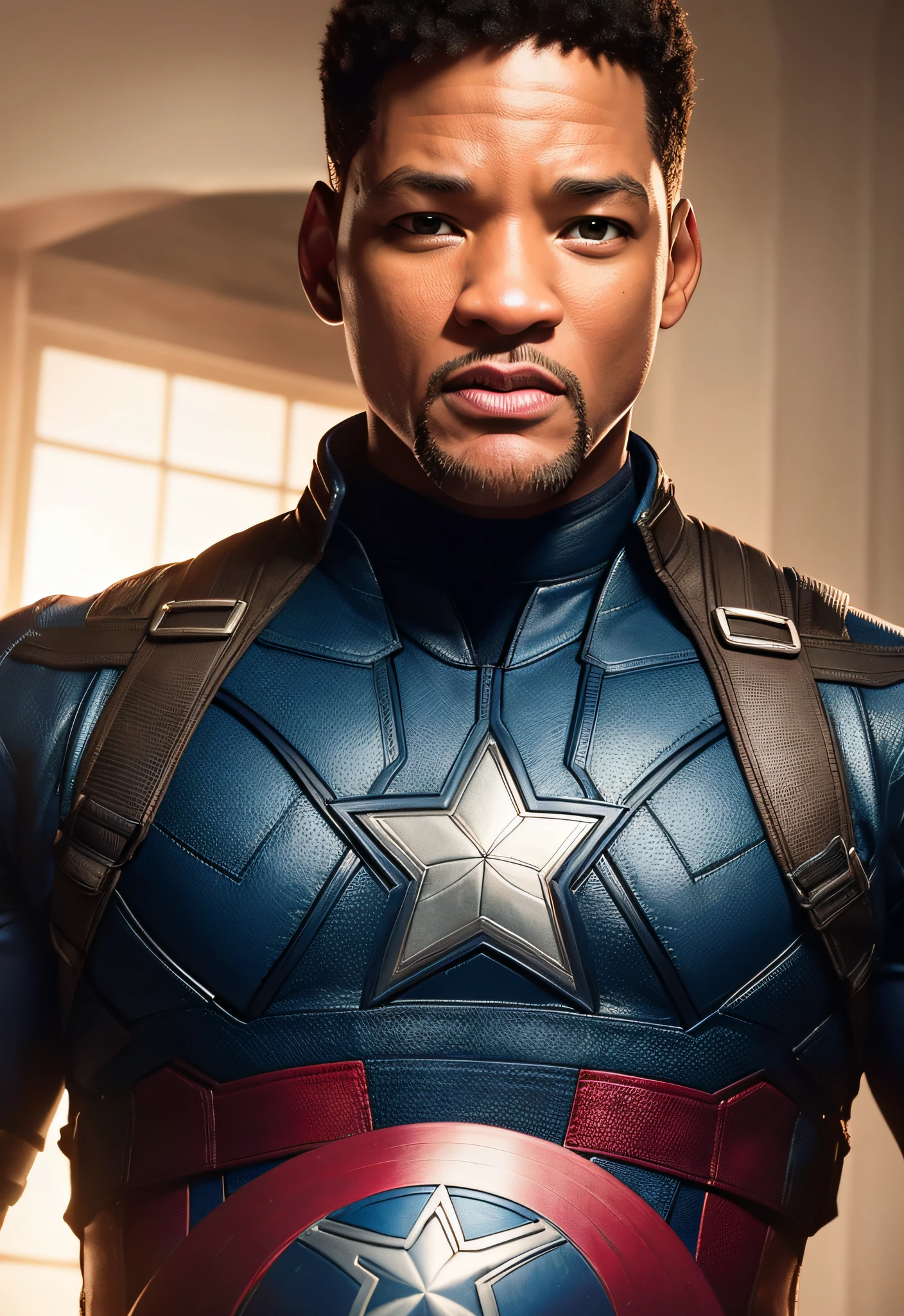 Tarantino style Will Smith as Captain America 8k, high definition, detailed face, detailed face, detailed eyes, detailed suit, in style of marvel and dc, hyper-realistic, + cinematic shot + dynamic composition, incredibly detailed, sharpen, details + superb details + evening with light + perfectionism + award winning realism ((moody lighting))