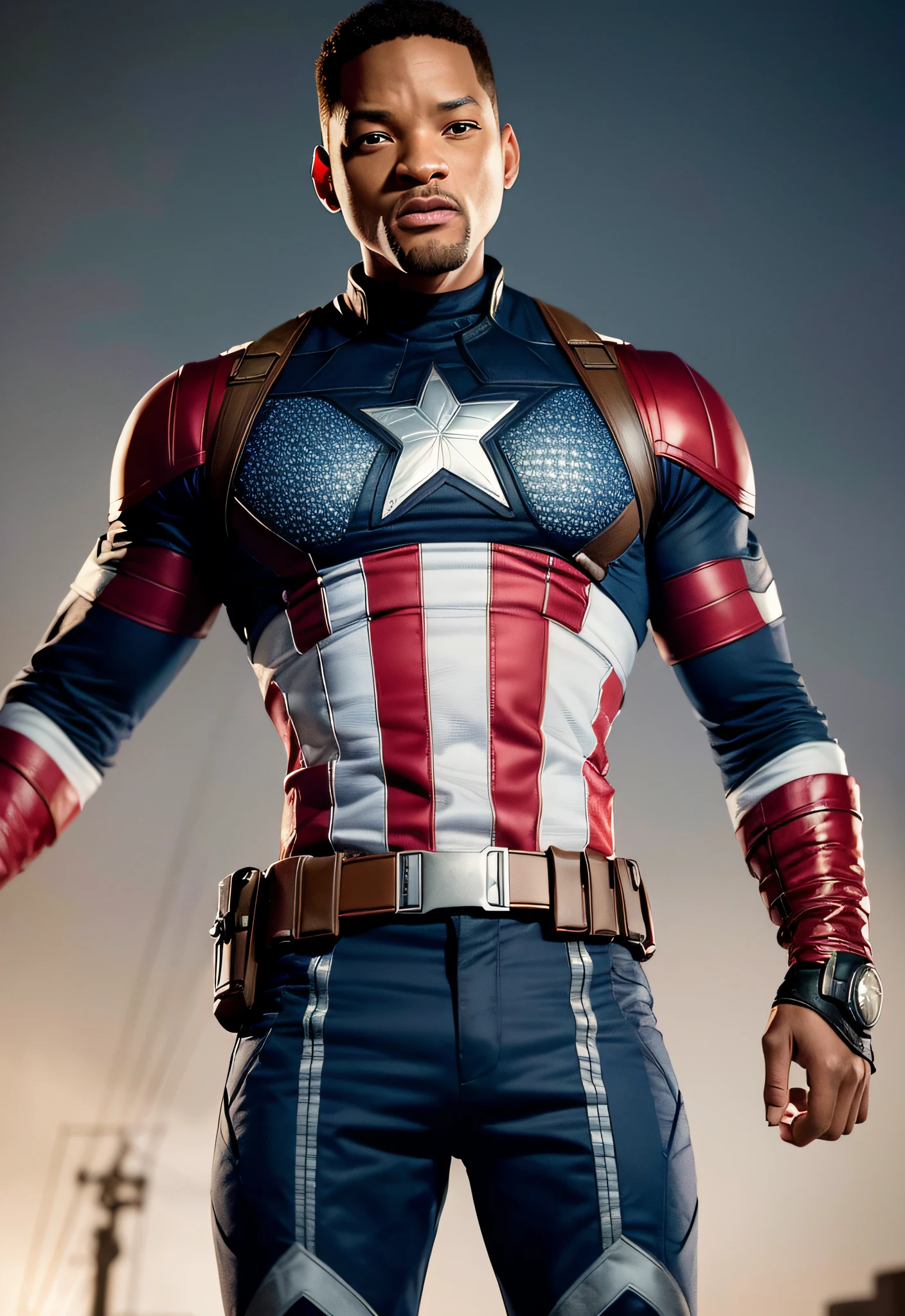 Tarantino style Will Smith as Captain America 8k, high definition, detailed face, detailed face, detailed eyes, detailed suit, in style of marvel and dc, hyper-realistic, + cinematic shot + dynamic composition, incredibly detailed, sharpen, details + superb details + evening with light + perfectionism + award winning realism ((moody lighting))