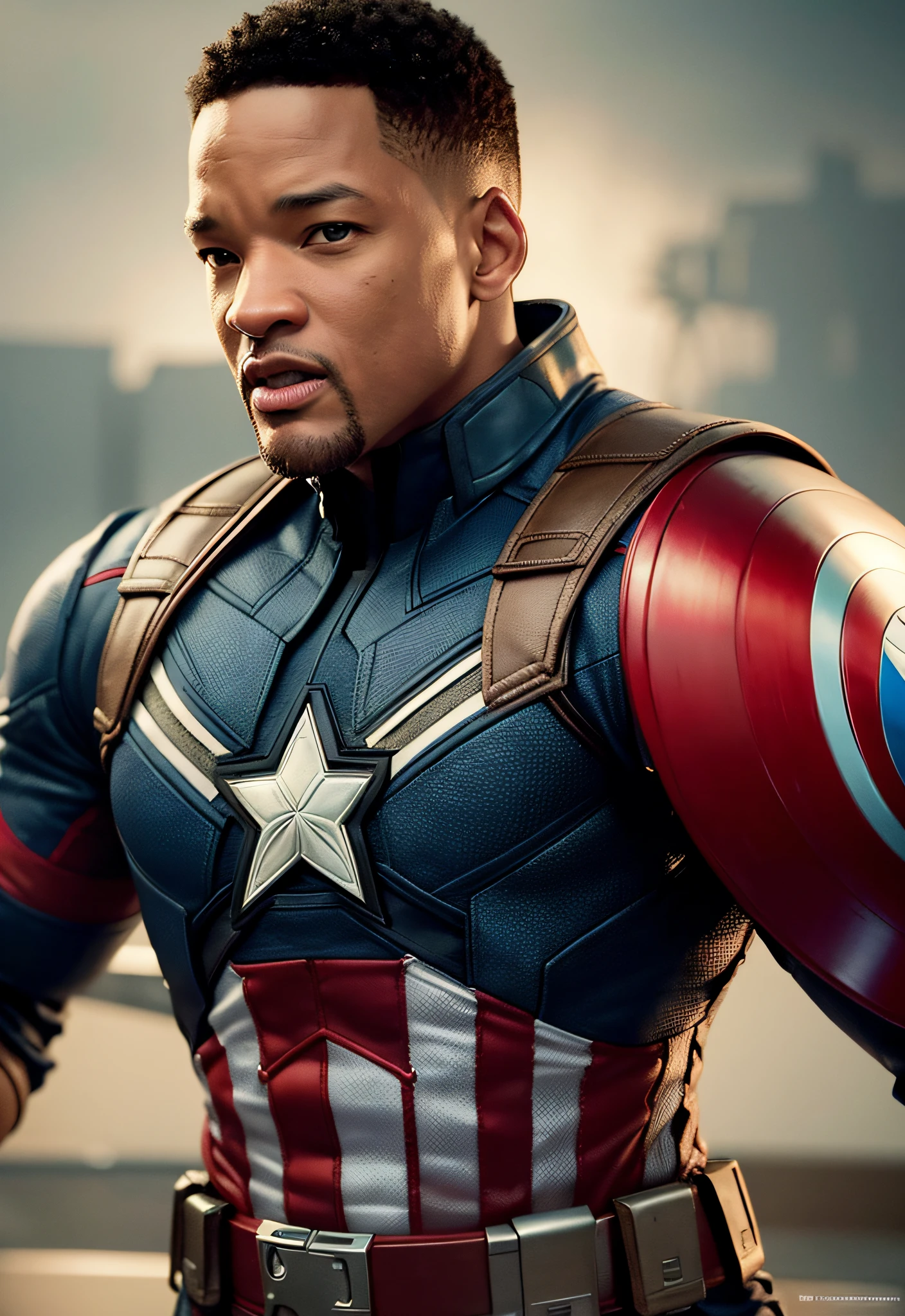 Tarantino style Will Smith as Captain America 8k, high definition, detailed face, detailed face, detailed eyes, detailed suit, in style of marvel and dc, hyper-realistic, + cinematic shot + dynamic composition, incredibly detailed, sharpen, details + superb details + evening with light + perfectionism + award winning realism ((moody lighting))