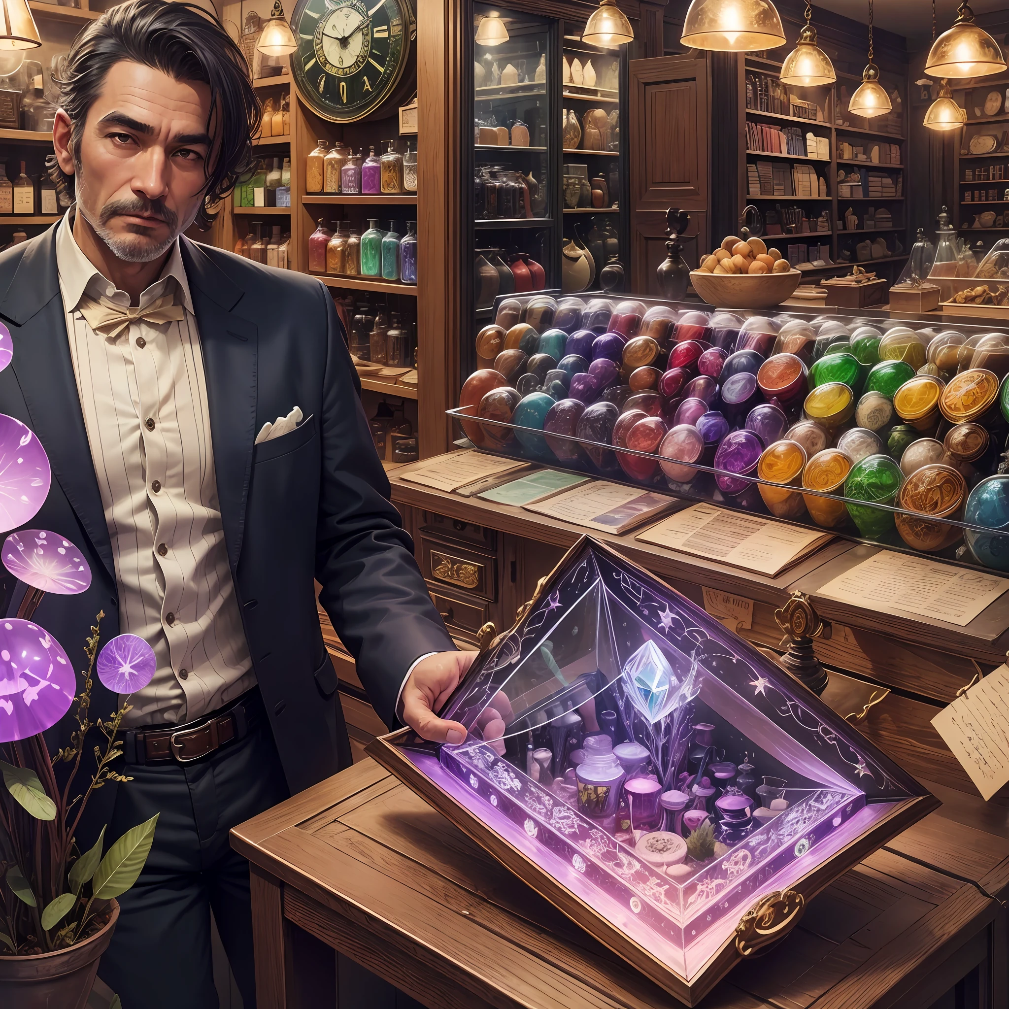 realistic image, store seen from the inside, this store resembles an antique shop, the store is magical and has different products, purple and green lights, high quality, landscape shape, a giant diamond in the center of the store, a man with decent and luxurious clothes is behind the counter of the store, has mirrors, incense, stones, books, tables and chairs, bags,  magical colored pots, fairies inside bottles, antique clocks on the walls, feathers, pens, inkwells, colorful magical herbs, colorful magic mushrooms, a man alone in the shop behind the counter, magical lights come in through the window, the man is neither white nor black. He's not Asian or Caucasian or black. The man holds a giant diamond. --auto --s2