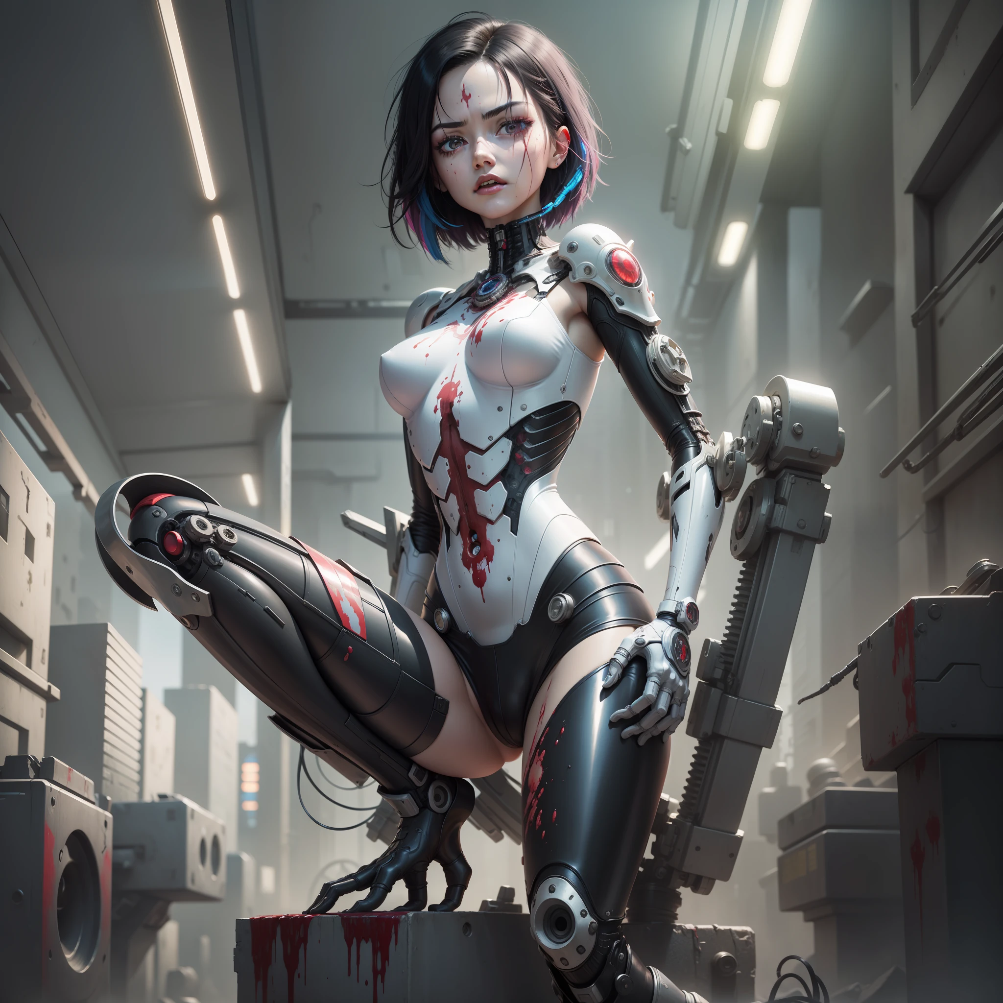 open-eyed girl,extremely detailed, colorful, more detailed,solo,full body,machine-made joints,mechanical limbs,blood vessels connected to tubes,mechanical vertebra attached to back,mechanical cervial attached to neck,lying,expressionless,character focus,science fiction, white background,cyberpunk,ghost in the shell,alita,battle angel (blood: 1,5)