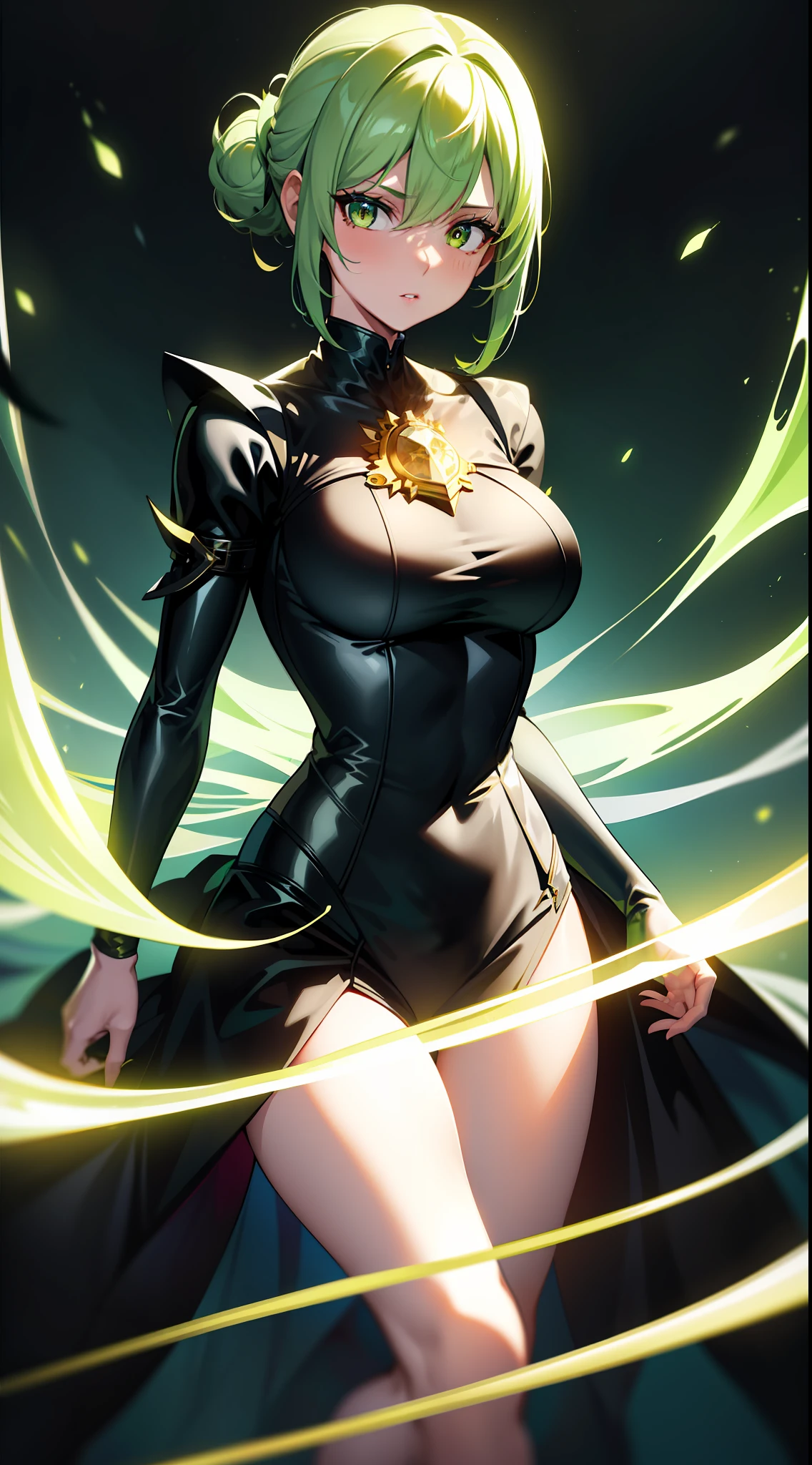 ((masterpiece)), (best quality), (detailed), (1girl), light green gradient hair, light gold glowing eyes, Updo, black dress in white shirt, 4k, fantasy background, two-dimensional
