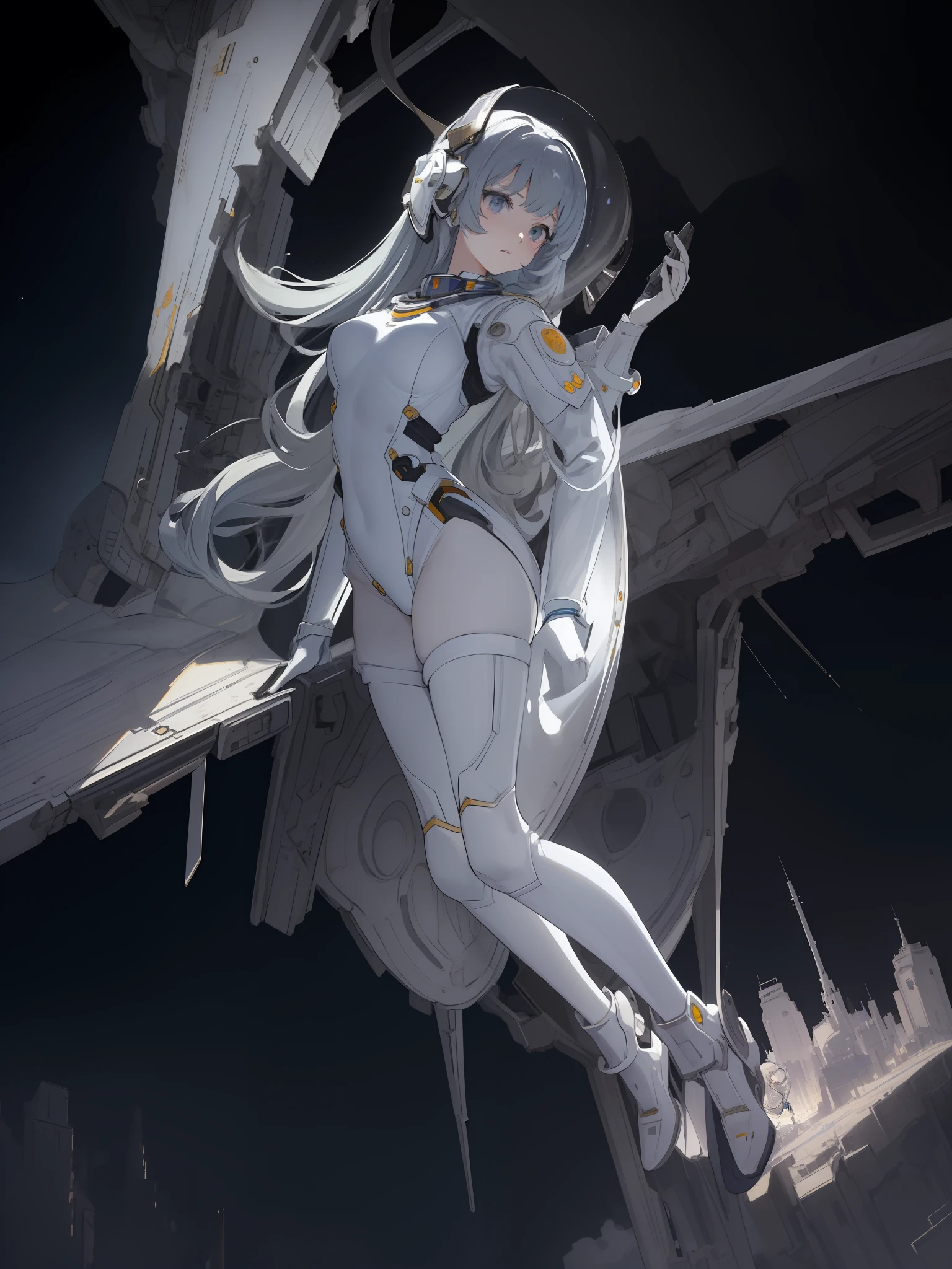 (((masterpiece,best quality,an extremely delicate and beautiful,illustration))),(dynamic angle, medium long shot),((a cute_detailed_girl in spacesuit,beautiful_detailed_face in aerospace_helmet)),(((full body))),(disheveled hair:0.3),(((clouds:0.3),multiple_luna,(floating_fortress technology machinery),night sky background)),(cyberpunk_aerospace_helmet),
(perspective:1.2),