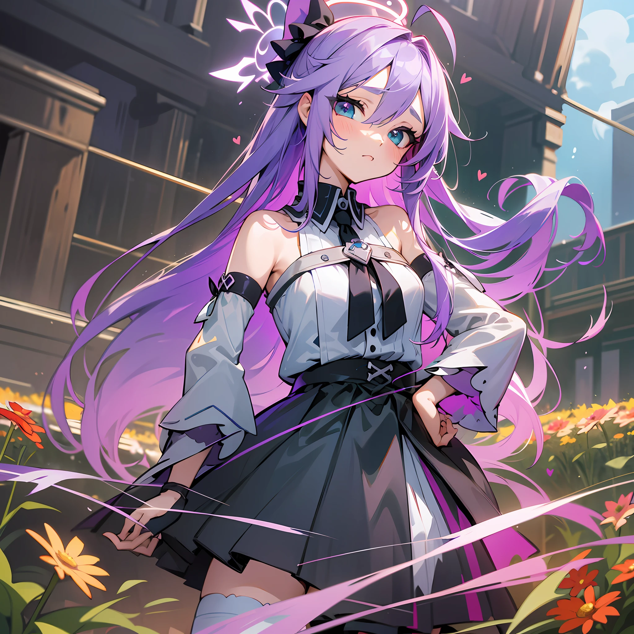 masterpiece,best quality,masterpiece,best quality,official art,extremely detailed CG unity 8k wallpaper,day,sun,flower field,game_cg,highres,solo,bishoujo,long hair,purple hair,ahoge,straight hair,parted bangs,cute face,turning around,hands_on_hips,hand in own hair,halo,uwabaki,bare legs,grey thighhighs,bandaid on leg,bare_shoulders,gothic_ta,aqua eyes,heart-shaped eyes,purple eyeshadow --auto --s2