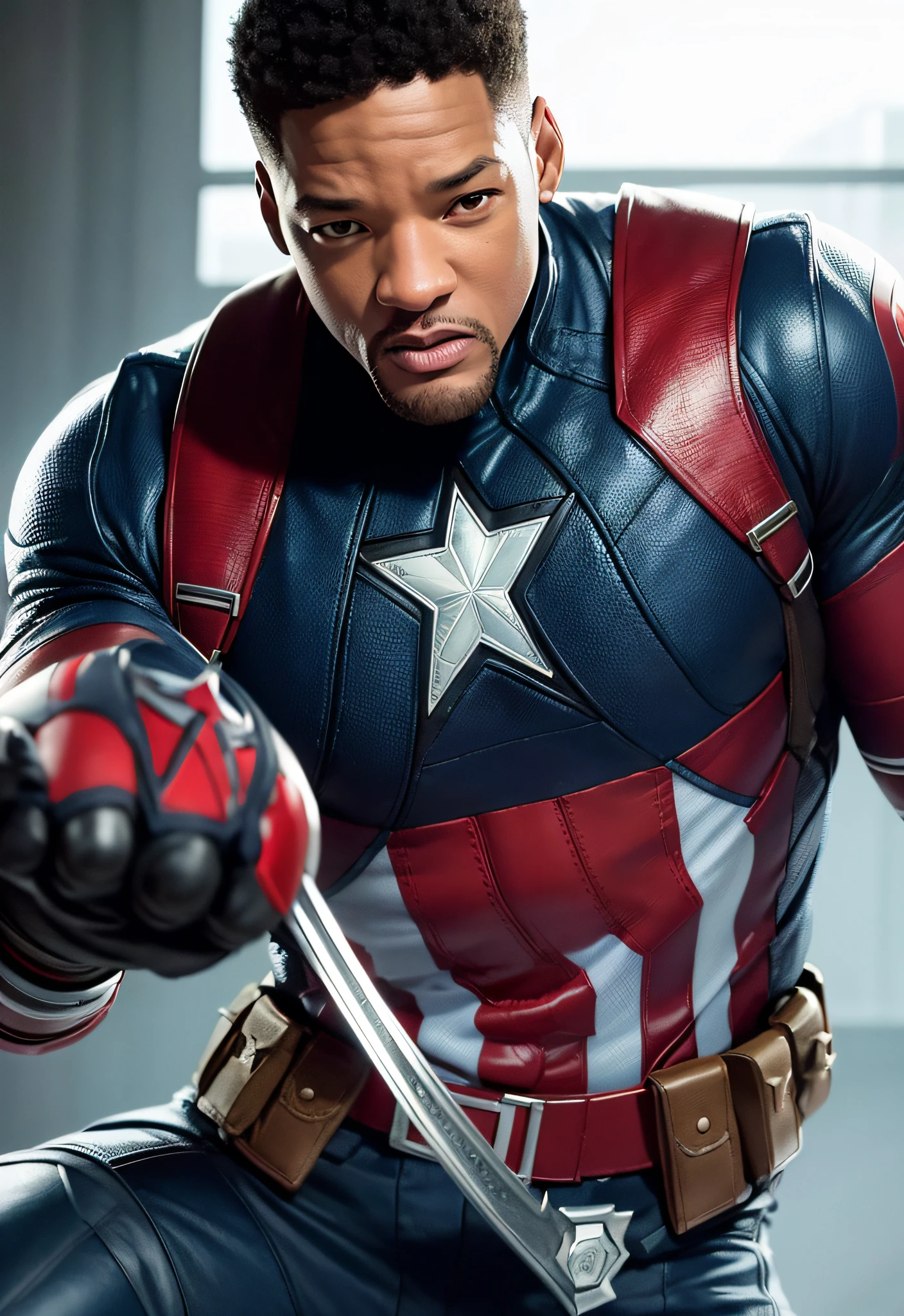 Tarantino style Will Smith as Captain America 8k, high definition, detailed face, detailed face, detailed eyes, detailed suit, in style of marvel and dc, hyper-realistic, + cinematic shot + dynamic composition, incredibly detailed, sharpen, details + superb details + evening with light + perfectionism + award winning realism ((moody lighting))