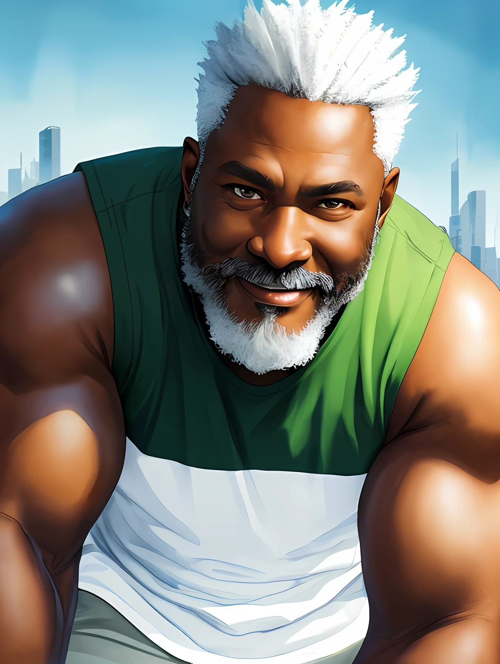 A stylized watercolor digital illustration, ordinary, fashion, middle-aged tanned overweight African-American man, age 60, big man, top angle shot, a perfect smile, extra thiny white hair, almost bald, white bearded, a big metropolis as the background, cinematic light, green shirt, cargo shorts, Art by Carne Griffiths and Wadim Kashin, Yoji Shinkawa, Peter Draws, heavenly handsome face, detailed eyes, big greek nose, perfect anatomy, natural hand poses, natural legs poses, approaching perfection, dynamic poses, luminism, highly detailed, sharp focus, full body shot, 8k UHD, masterpiece, ultra fine detail.