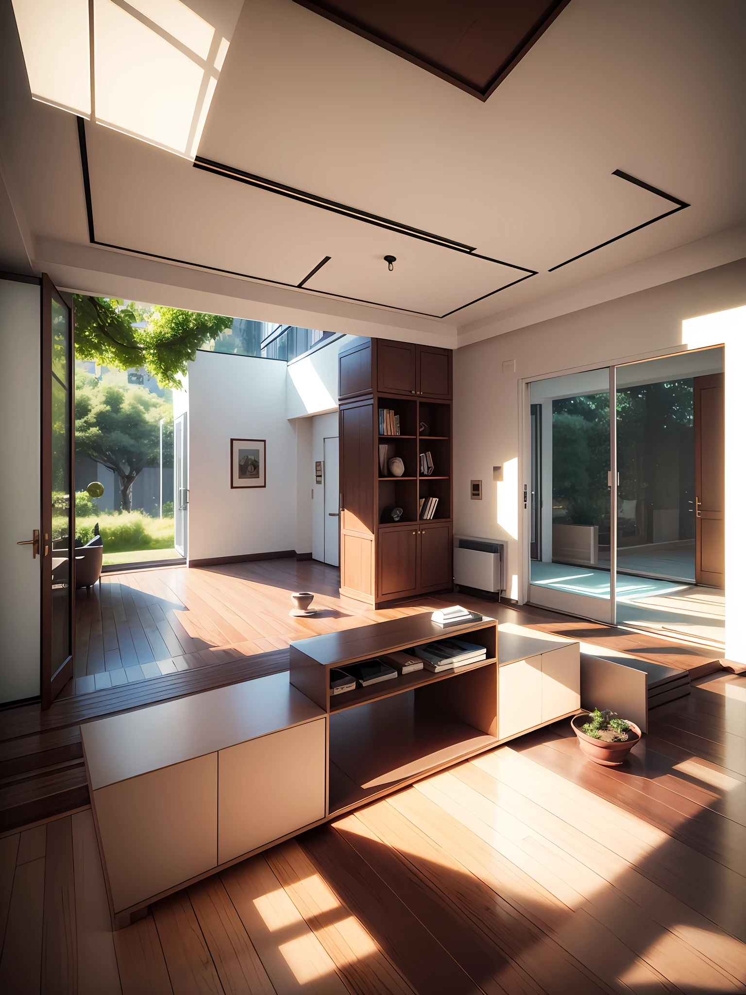 Masterpiece, best quality, (living room 1.5), windows, rich color combination, 3d rendering style, interior architectural view, 3d final rendering, 3d final rendering, physically based rendering, 3d perspective, interior design details, bonsai, large doors and windows, greenery, solid color carpet, floor, windows, curtains, bookshelves, indoor ceilings, interior lighting, --auto --s2