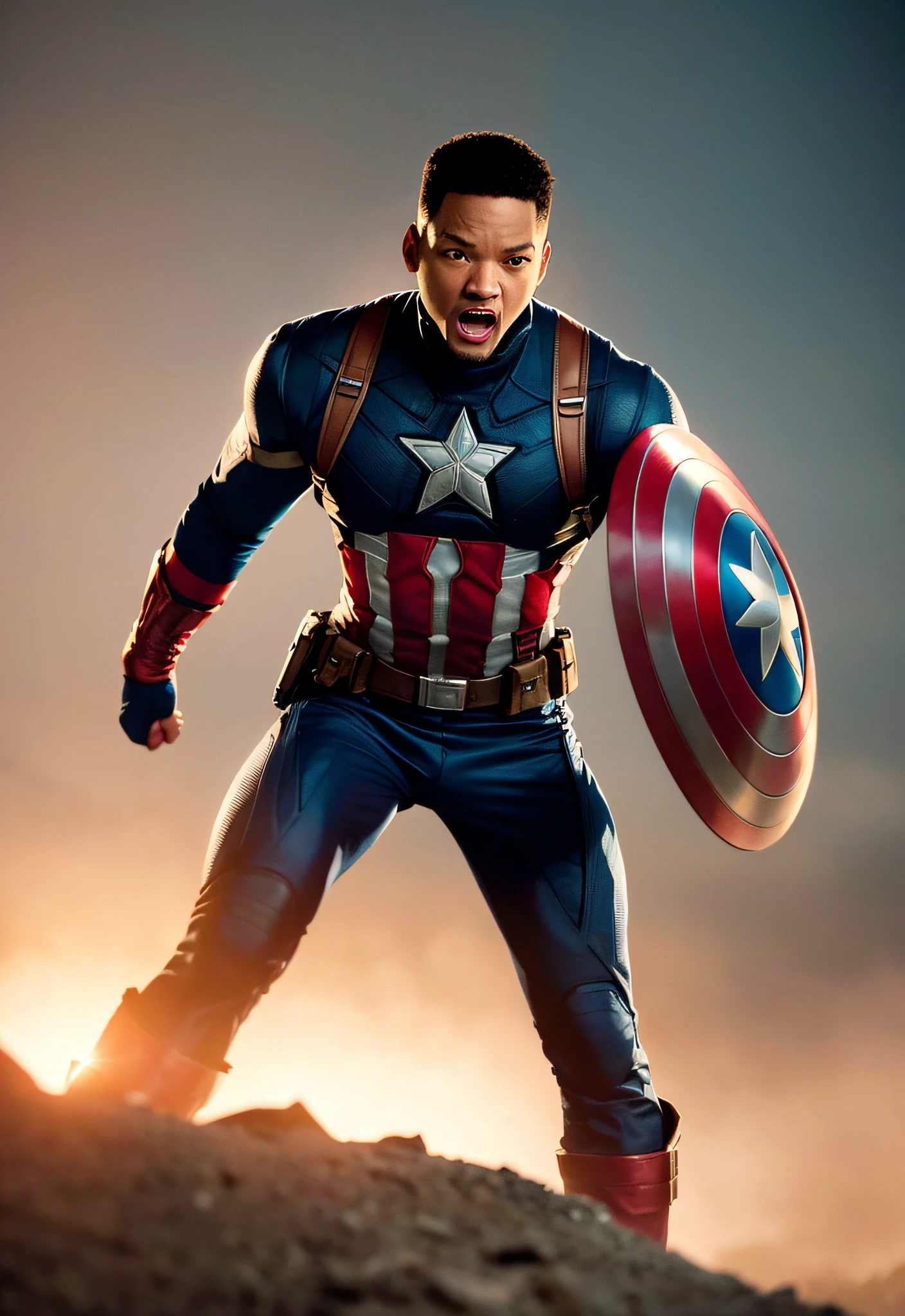 Tarantino style Will Smith as Captain America 8k, high definition, detailed face, detailed face, detailed eyes, detailed suit, in style of marvel and dc, hyper-realistic, + cinematic shot + dynamic composition, incredibly detailed, sharpen, details + superb details + evening with light + perfectionism + award winning realism ((moody lighting))