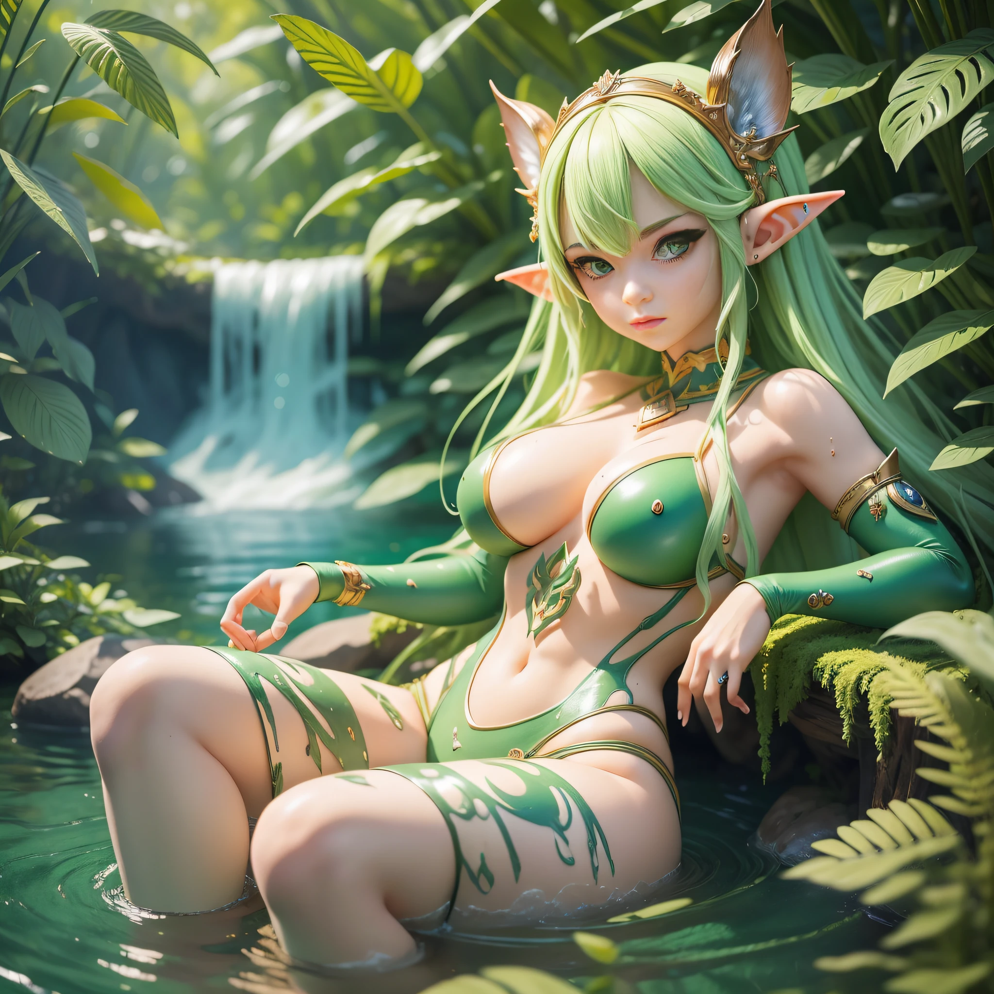 ((Best Quality)), ((Masterpiece)), (Reality)), earth_spirit, melting_heart, bigbadejo alien_monster,, whole body, fierce and ferocious gaze, female elf sitting in the water, splashing waves, in the forest, masterpiece
