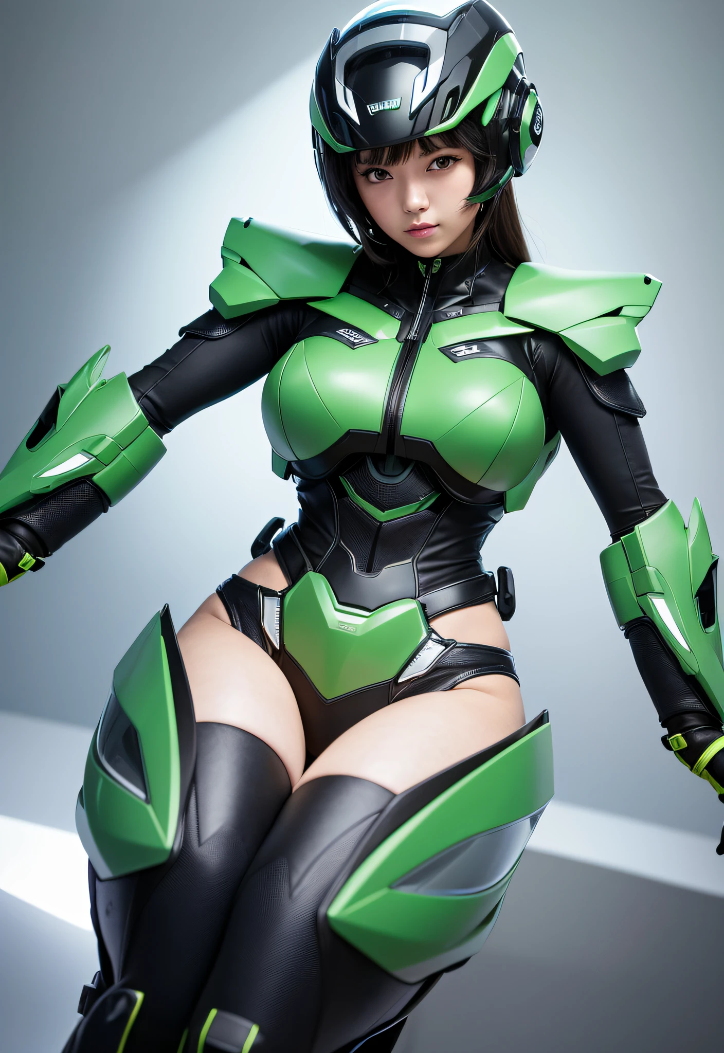 Highest image quality, outstanding details, ultra-high resolution, (realism: 1.4), the best illustration, favor details, highly condensed 1girl, with a delicate and beautiful face, dressed in a black and green mecha, wearing a mecha helmet, holding a directional controller, riding on a motorcycle, the background is a high-tech lighting scene of the future city.