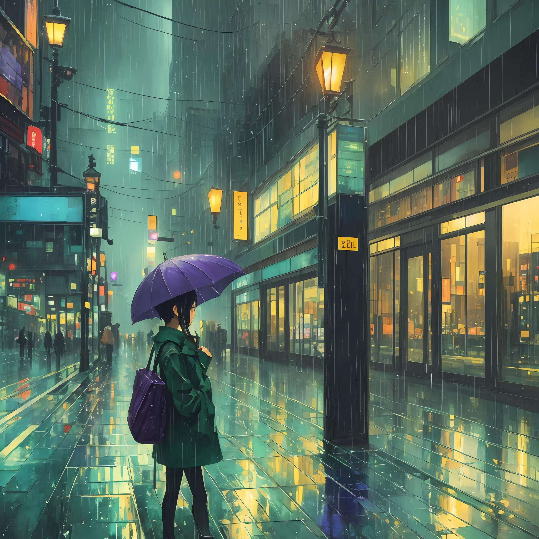 Art by shintaro ohata, raining in the city, oil paint, green blue and purple, lonely girl, high definition --auto --s2