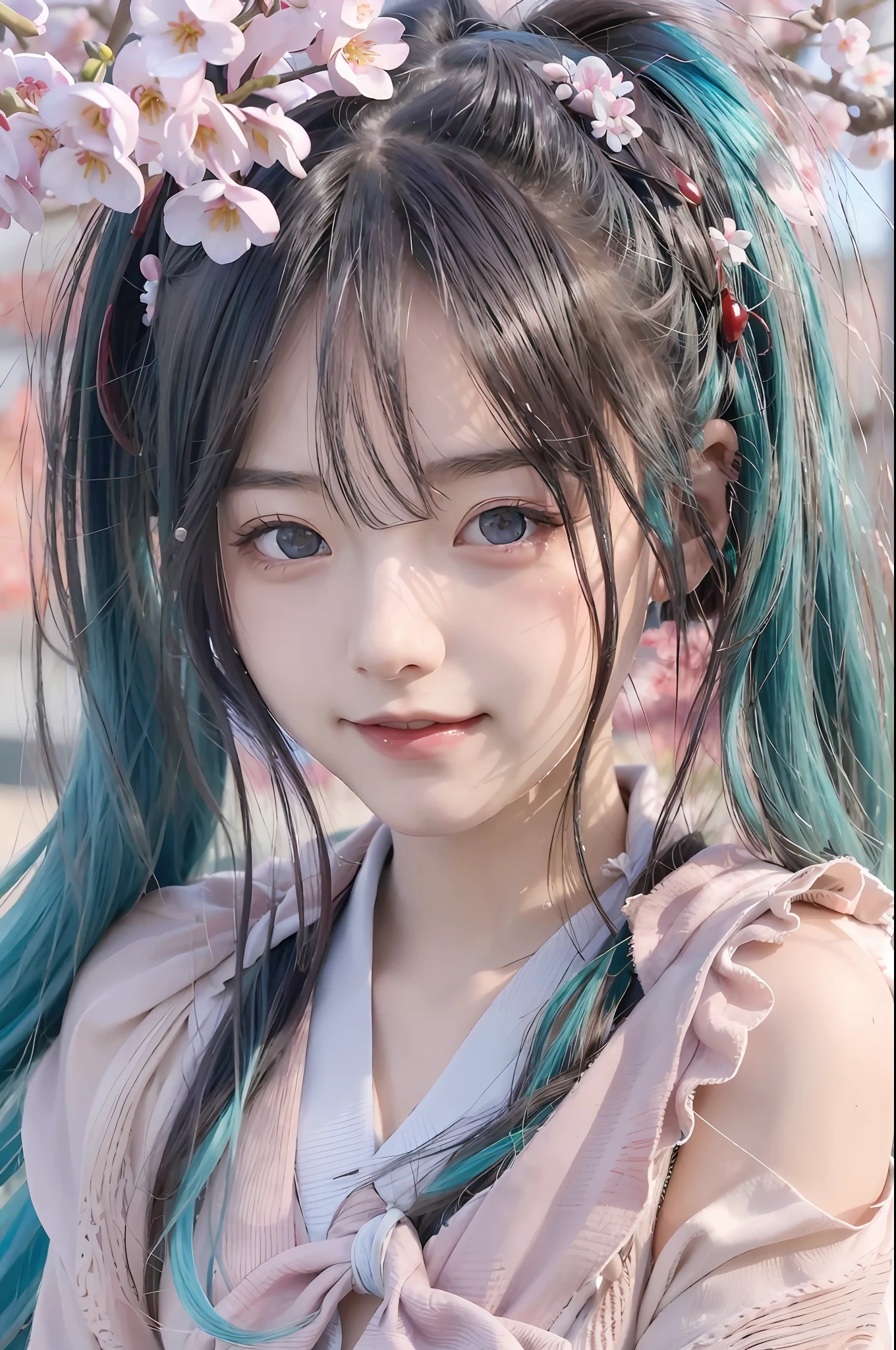 hatune miku, aqua hair, twin tails,((ultra-detailed)), ((illustration)), ((disheveled hair)), (beautiful detailed eyes), beautiful, amazing, detailed eyes, smile,waving,((in spring, cherry blosssom)), isometric