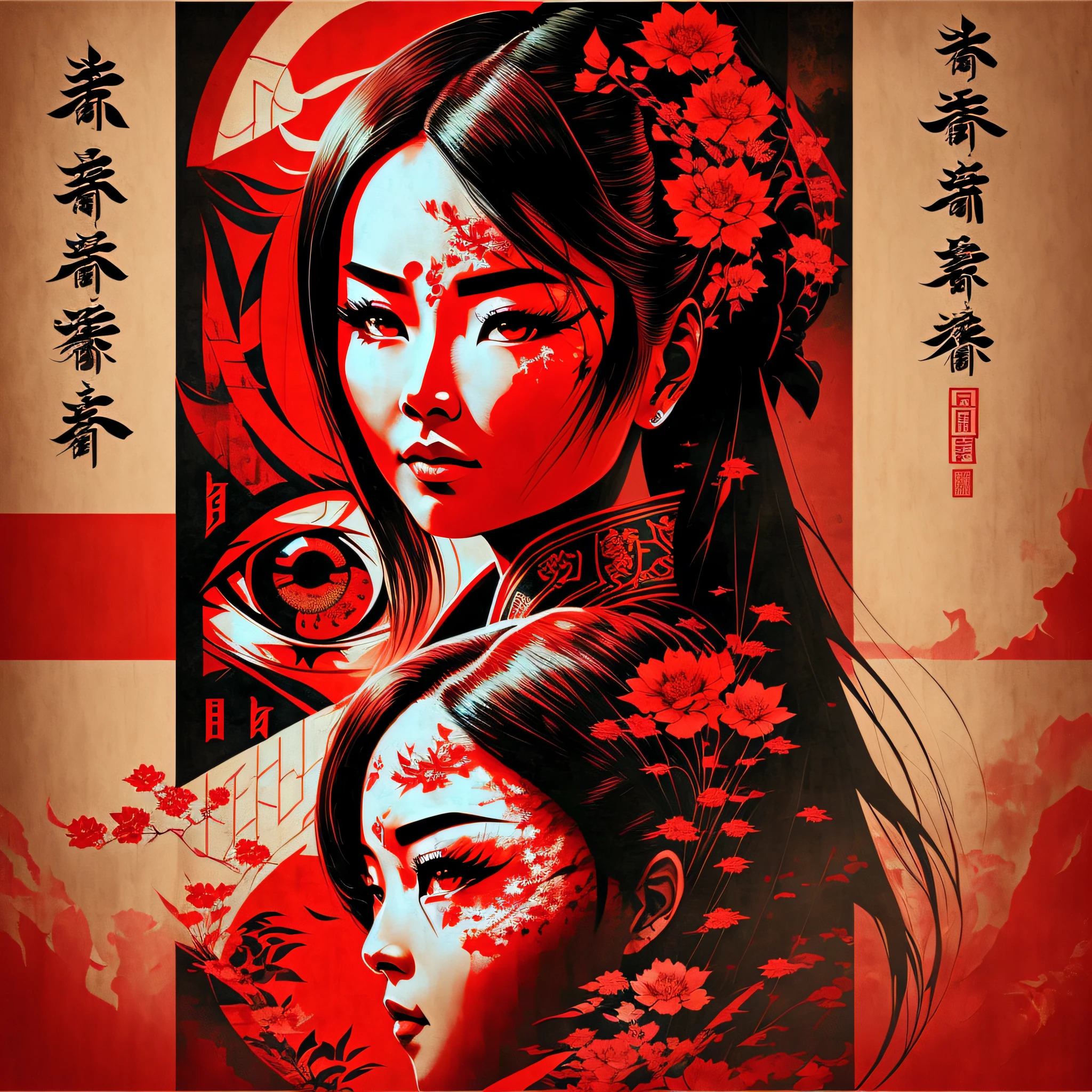 a beautiful woman with a red eye and some chinese script writing, in the style of movie poster, collage --auto --s2