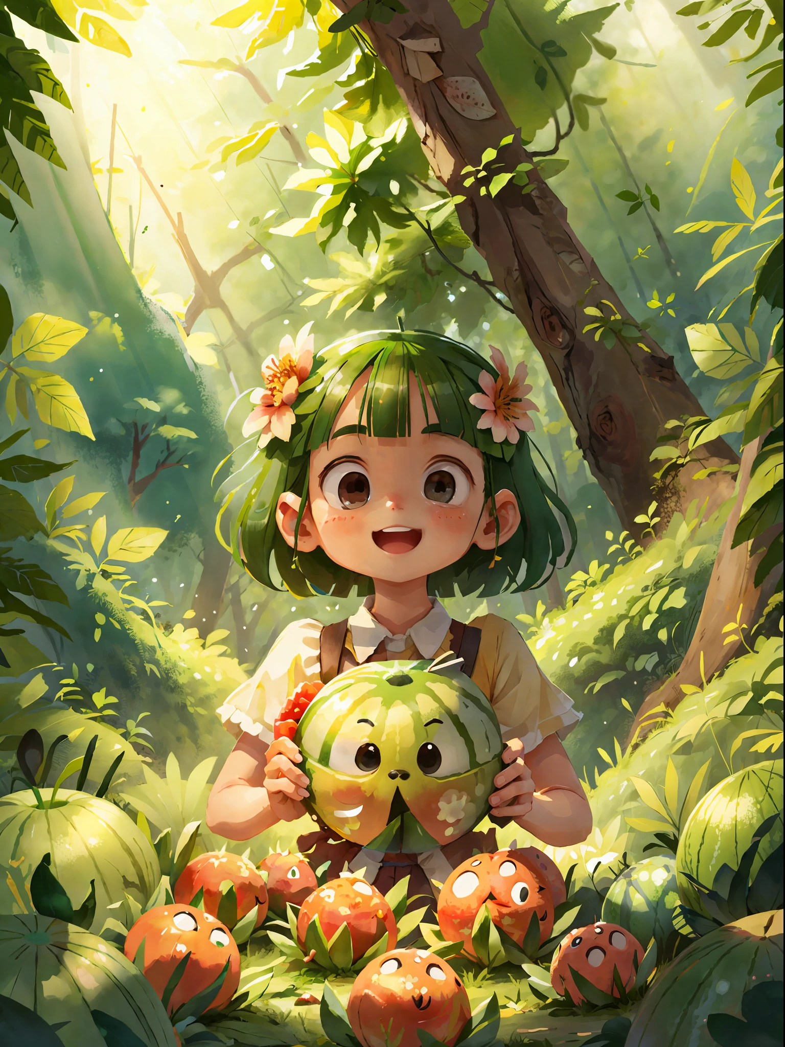 In summer, girls hold cut watermelons, happy, background is forest, perfect quality, clear focus, colorful, perfect face, intricate details, ultra-low viewing angle, wide angle lens