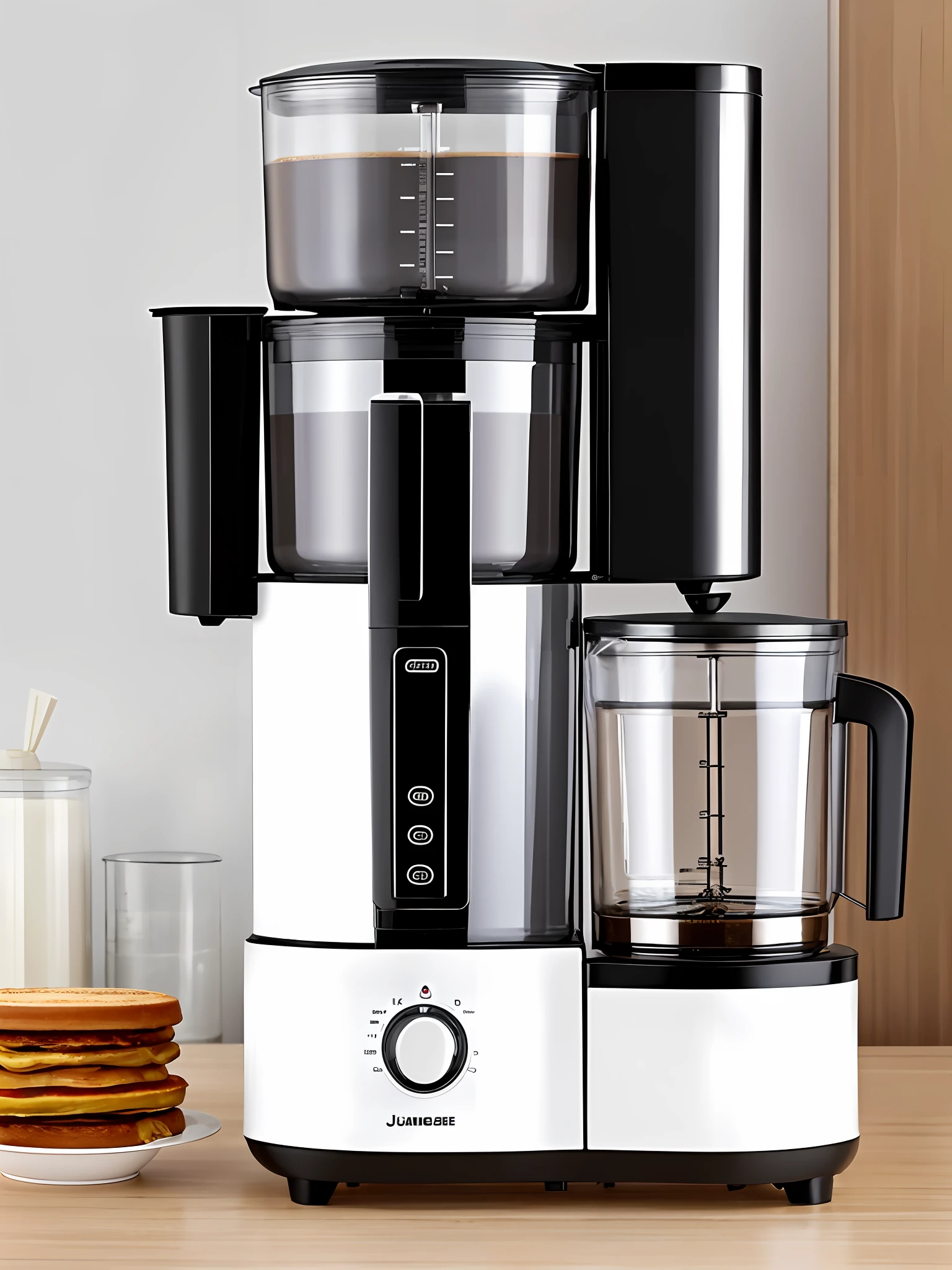 Coffee machine with a glass of milk on the table, crisp smooth and clean lines, coffee machine, smooth surface, crisp details, crisp clean shape, miko, powerful details, wide full shot, mixed art, stunning details, superficious, vibrant contrast, tall, smooth lines, powerful, accurate features, pot, steamer, steaming real thing