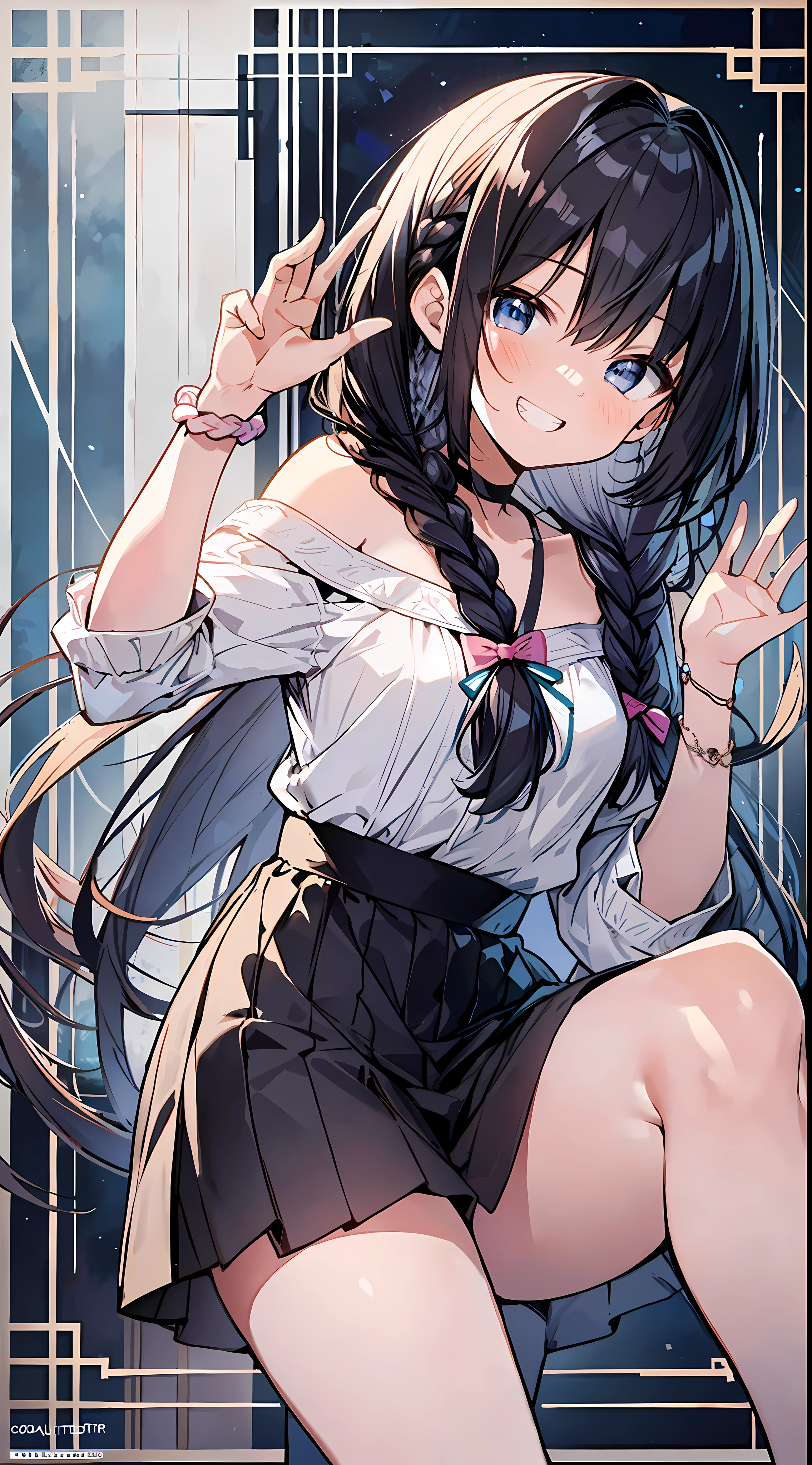 Top Quality, Best Masterpiece, Ultra High Resolution, 8k, White Shirt, Small Loli in Shojo Manga Style, Single, Ultra Detailed Line Art, Digital Enhancement, Shoujo Manga Touch, Shoujo Manga Core, Flowing Fabric, Close Up, ((Hair length to shoulder and short braid)), staring at us from the front, soft drawing, Beautiful black hair, Clear eyes, grin, teeth, wide mouth, highfive, ultra-detailed digital anime art, clear face depictions, ultra-detailed anime character art, ultra-detailed manga style, top quality colors, hand gestures, foot-up angles, in-room