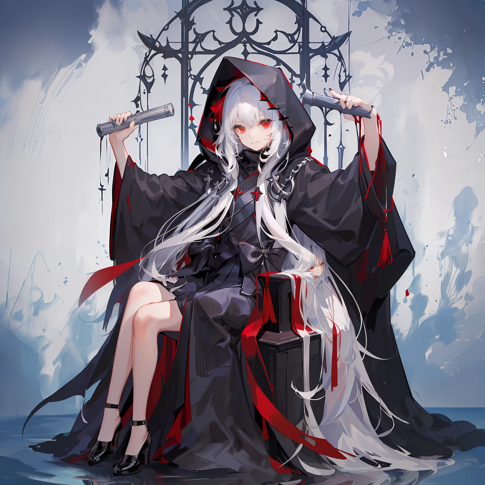 Maiden, black robe, hood, cape, red eyes, long white hair, faint smile, sitting on a black throne, showing calves, leather shoes