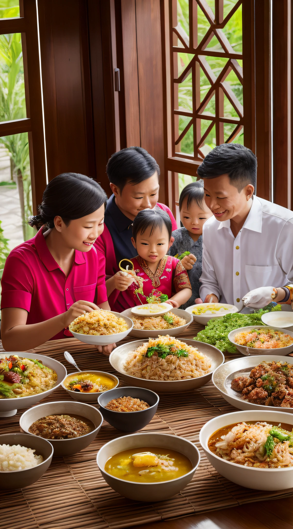 there are many bowls of food on the table with people around it, people inside eating meals, family dinner, an indonesian family portrait, barong family, trending ,, family, offering a plate of food, barong family member, healthy, people are eating, yummy, family photo, rice, chinese, happy family, malaysian, cuisine, stock image, portrait shot,8k