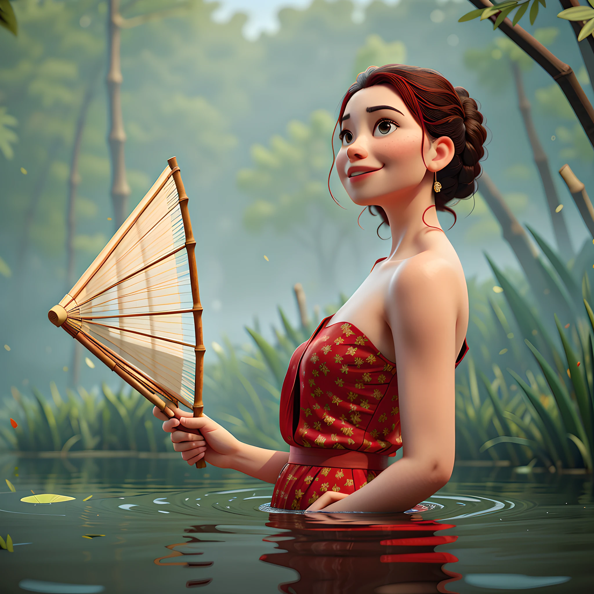 Masterpiece, Best Quality, Woman in a Red Dress Holding a Bamboo Fan in a Lake, Disney Style