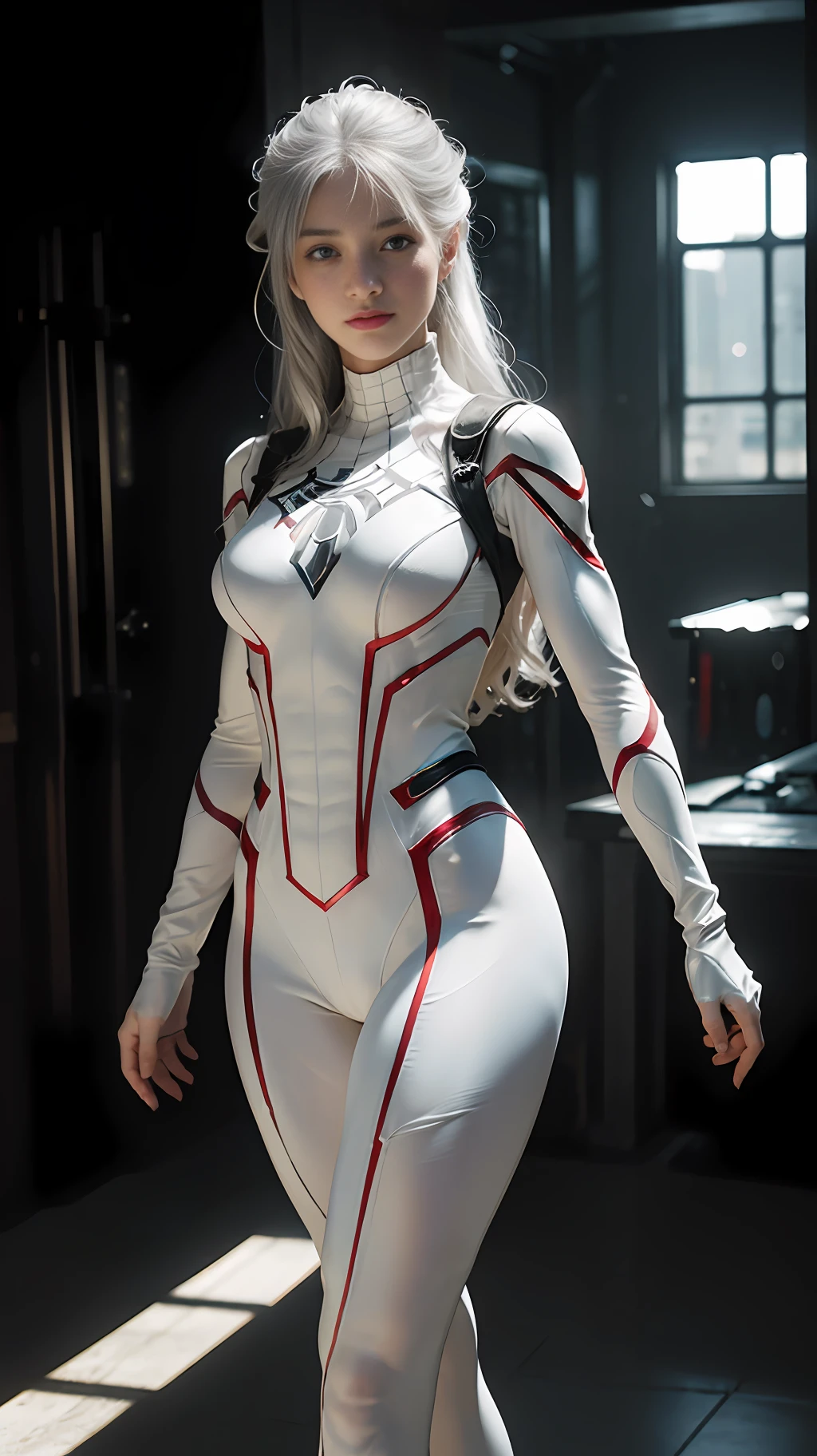 (Extreme Detail CG Unity 8K wallpaper, masterpiece, highest quality), (exquisite lighting and shadow, highly dramatic picture, cinematic lens effect), a girl in a white Spider-Man costume, silver gray hair color, from parallel universes, Marvel, Spider-Man, standing in an empty dance studio, dynamic pose), (excellent detail, outstanding lighting, wide angles), (excellent rendering, enough to stand out in its class), with a focus on the white Spider-Man costume