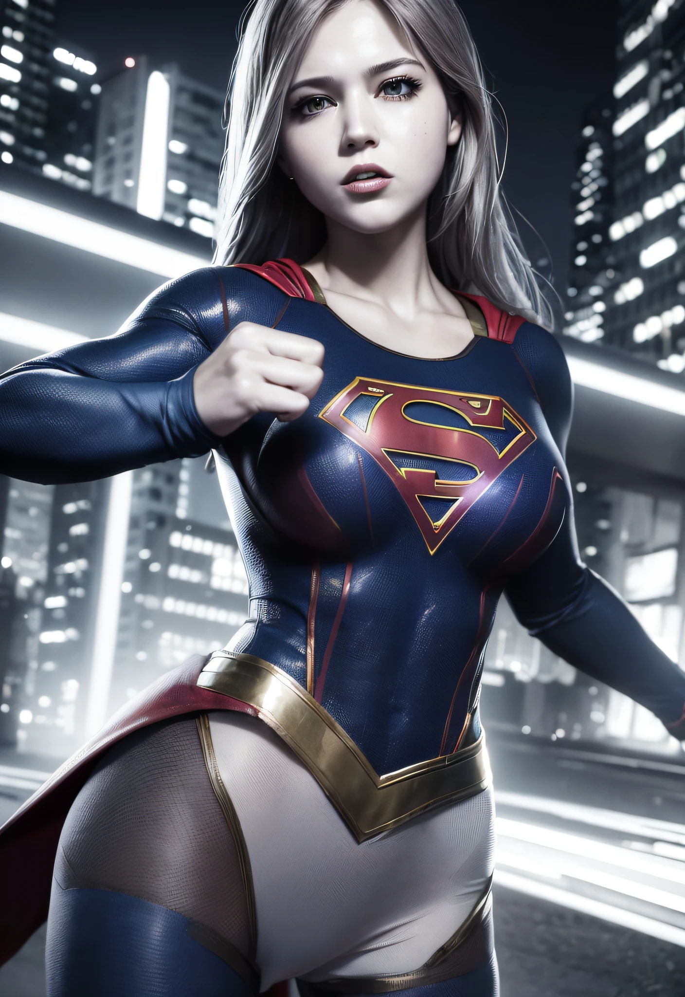 (ultra-realistic), (Supergirl costume dress), (woman body:1.2), (big breasts:1.1), dynamic pose, (flying:1.1), cityscape background, (gritty urban:1.2), (neon lights:1.1), (high contrast:1.2), (vibrant colors:1.1)