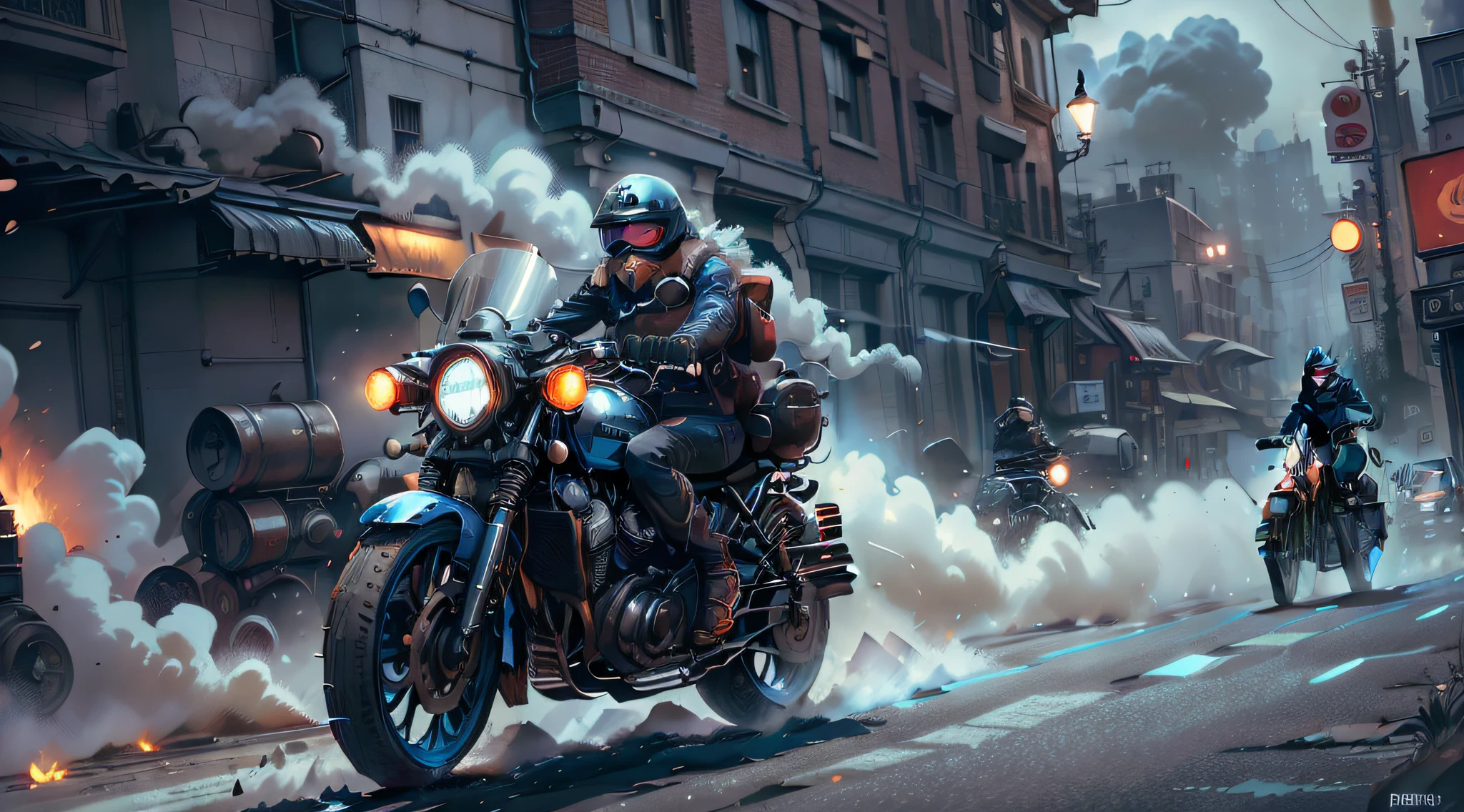 [Illustration] comic page, one page has multiple panels: in the smoke-filled city (far view), several male and female racers riding motorcycles, throwing Molotov cocktails at buildings, they are racing wildly in alleys, tires rubbing the ground and sparks splashing, smoke and dust billowing (close-up, low motion blur), blank with text annotations, [Continuous shooting] in the style of Andreas Rocha, cobalt blue and reflective silver, motion picture film P30, guide line composition