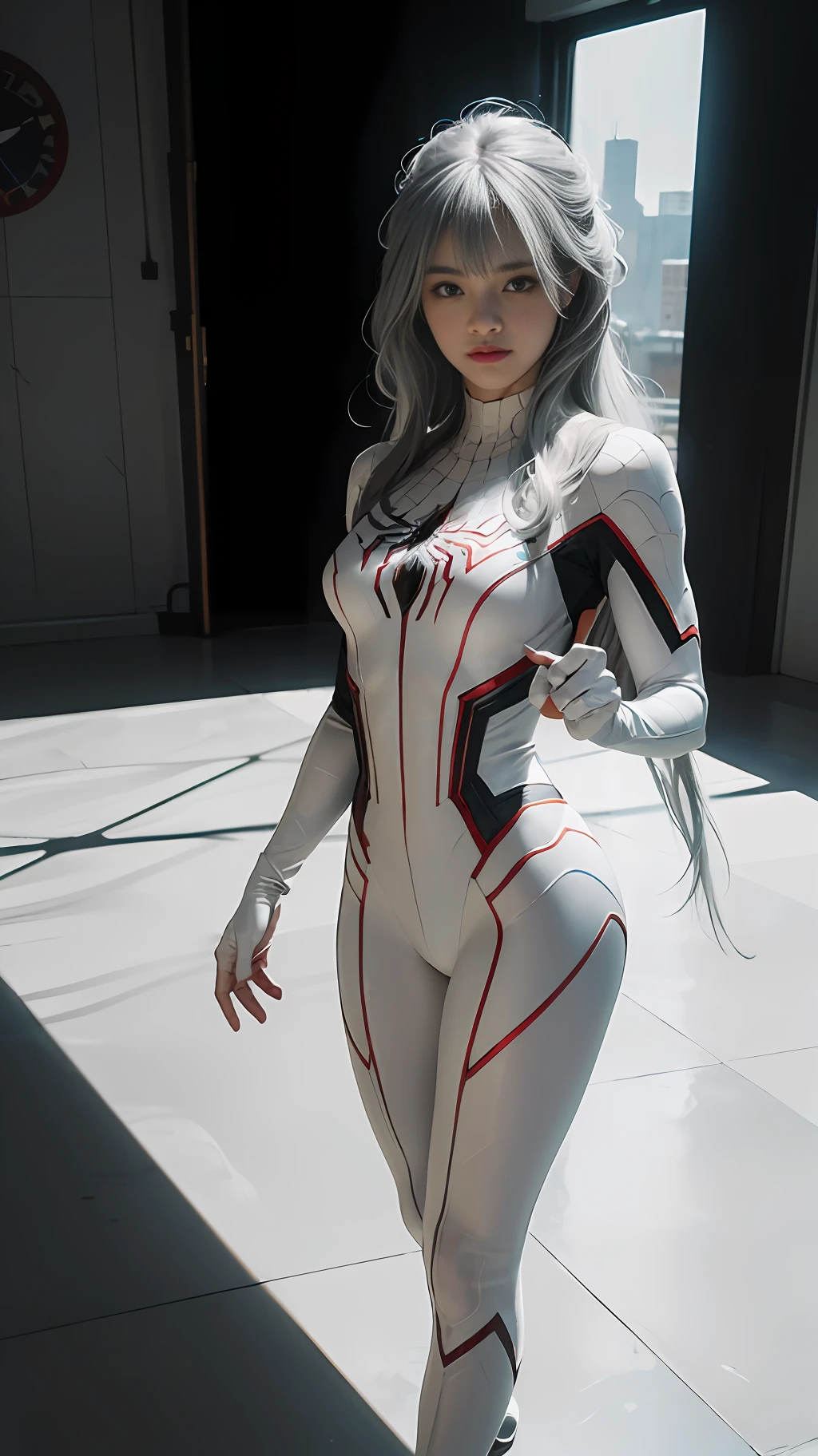 (Extreme Detail CG Unity 8K wallpaper, masterpiece, highest quality), (exquisite lighting and shadow, highly dramatic picture, cinematic lens effect), a girl in a white Spider-Man costume, silver gray hair color, from parallel universes, Marvel, Spider-Man, standing in an empty dance studio, dynamic pose), (excellent detail, outstanding lighting, wide angles), (excellent rendering, enough to stand out in its class), with a focus on the white Spider-Man costume