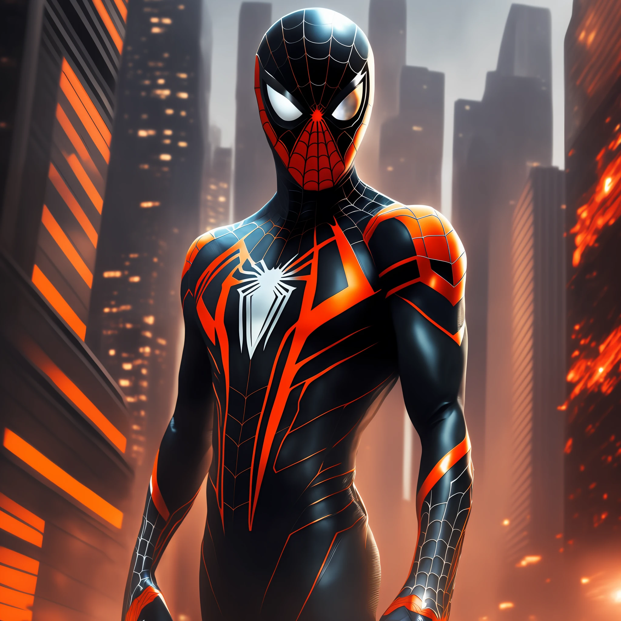 Spider - Man in a black and orange suit with a black background, futuristic style Spiderman, Miles Morales, Peter Parker, Render 8K, Spider-Man, Miles Morales!!!, Spider-Man, Highly detailed Spider-Man, Full Samurai Armor Spiderman, Spider Webbed Body, Peter Parker as Spiderman, Spider-Man Portrait, Symbiote --auto --s2