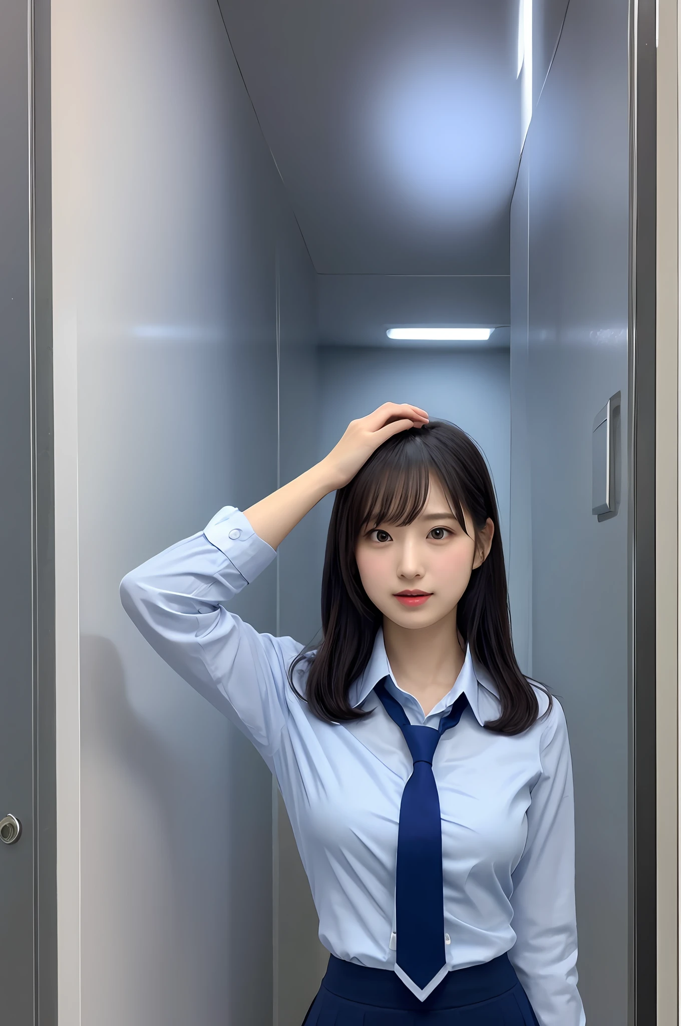 Modest breasts, navy blue tie, navy blue skirt, light blue shirt, gravure idol