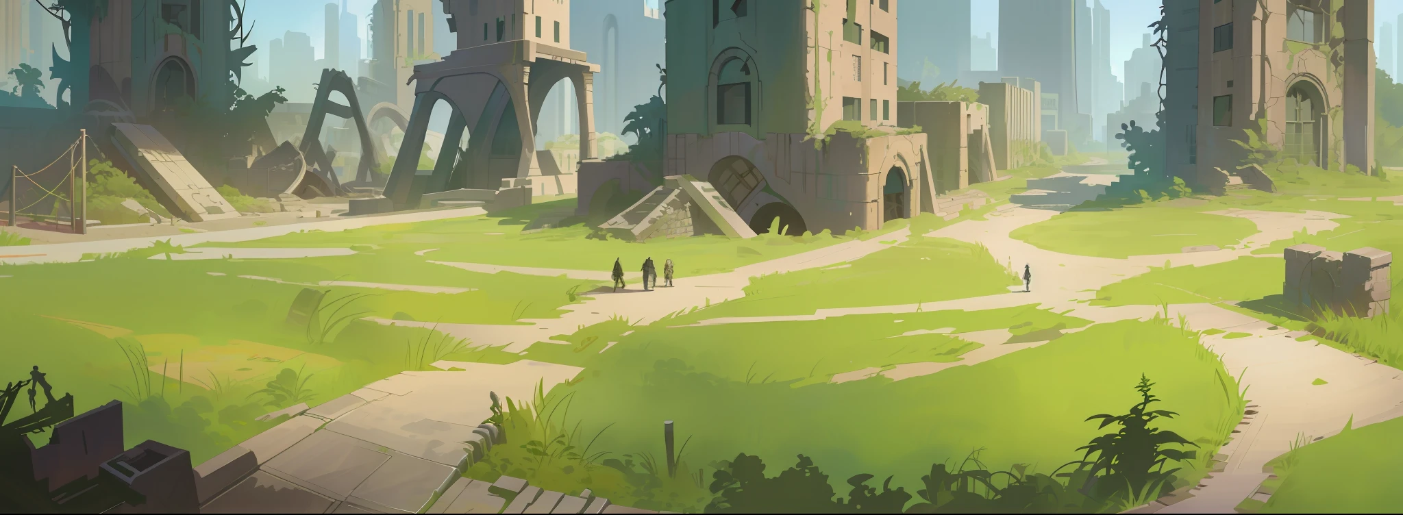 arafed view of a path through a forest with a path leading through it, cityscape ruins in the distance, stylized concept art, city ruins background, anime scenery concept art, outdoors ruined cityscape, ruins landscape, painted as a game concept art, apex legends concept art, riot games concept art, background art, epic concept art, background is a city in ruins