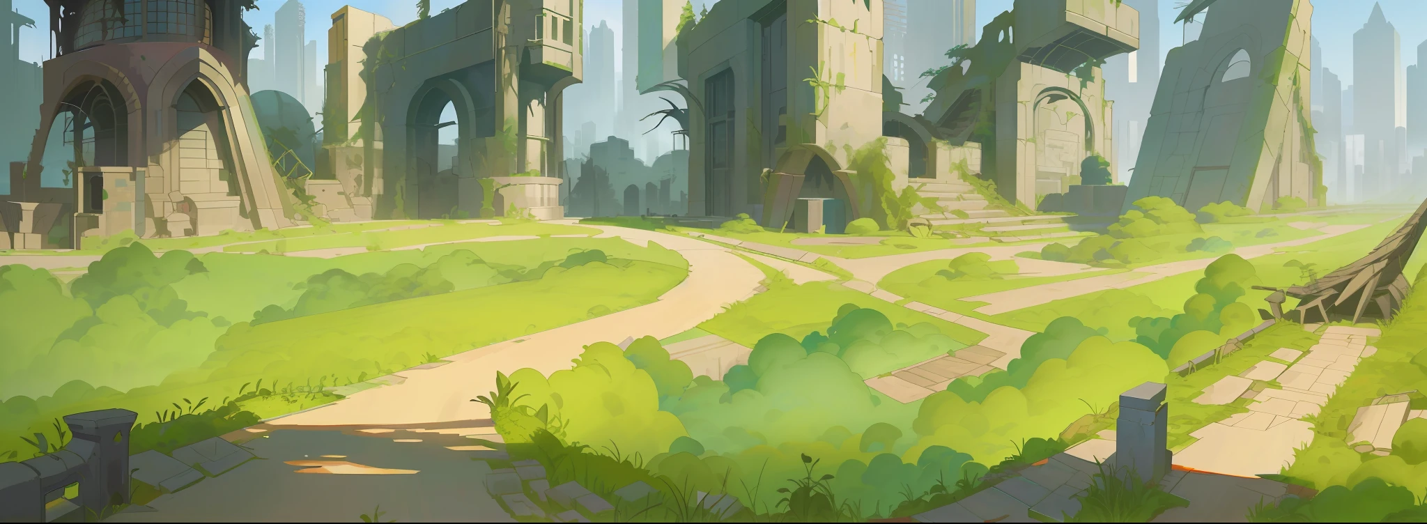 arafed view of a path through a forest with a path leading through it, cityscape ruins in the distance, stylized concept art, city ruins background, anime scenery concept art, outdoors ruined cityscape, ruins landscape, painted as a game concept art, apex legends concept art, riot games concept art, background art, epic concept art, background is a city in ruins