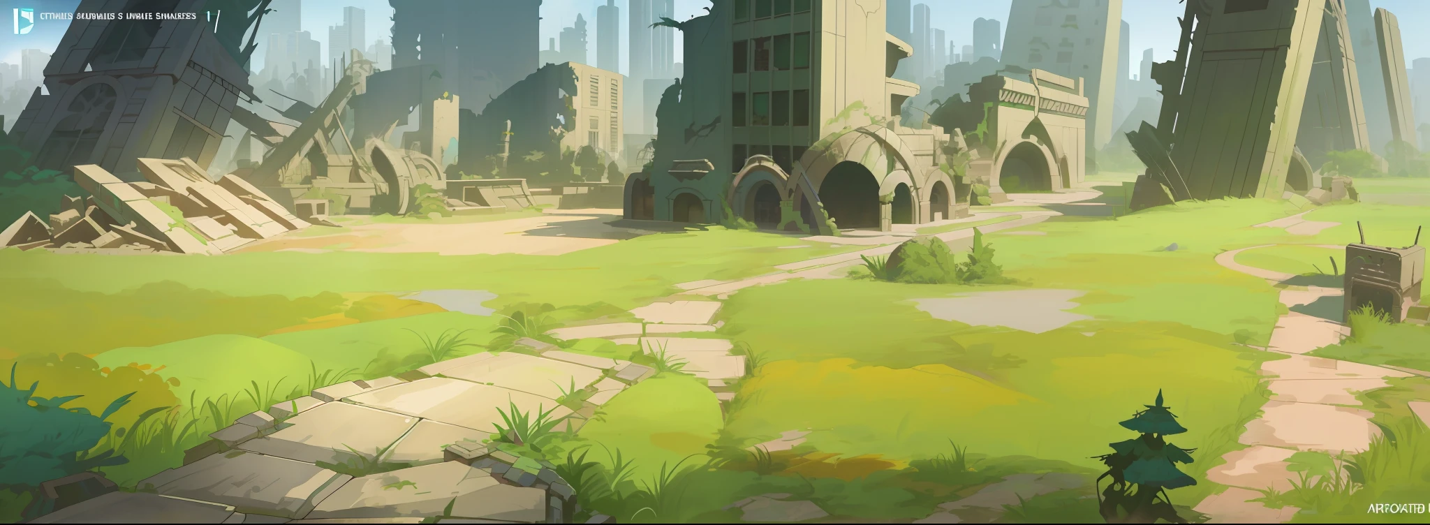 arafed view of a path through a forest with a path leading through it, cityscape ruins in the distance, stylized concept art, city ruins background, anime scenery concept art, outdoors ruined cityscape, ruins landscape, painted as a game concept art, apex legends concept art, riot games concept art, background art, epic concept art, background is a city in ruins